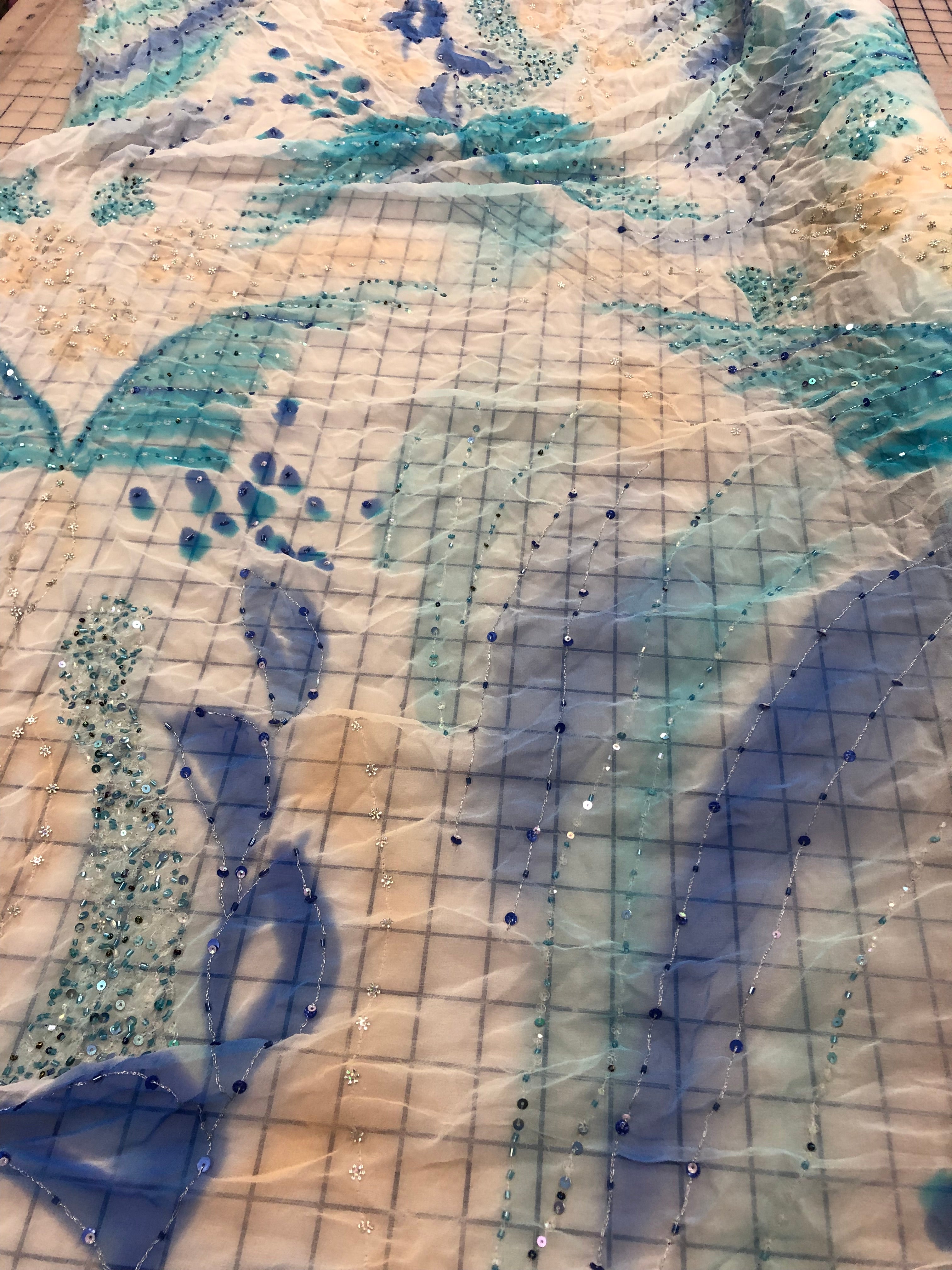 60 Inch Wide Silk Beaded Chiffon Fabric - White, Aqua, Periwinkle Colors for Wedding Dresses, Evening Gowns & Home Decor
