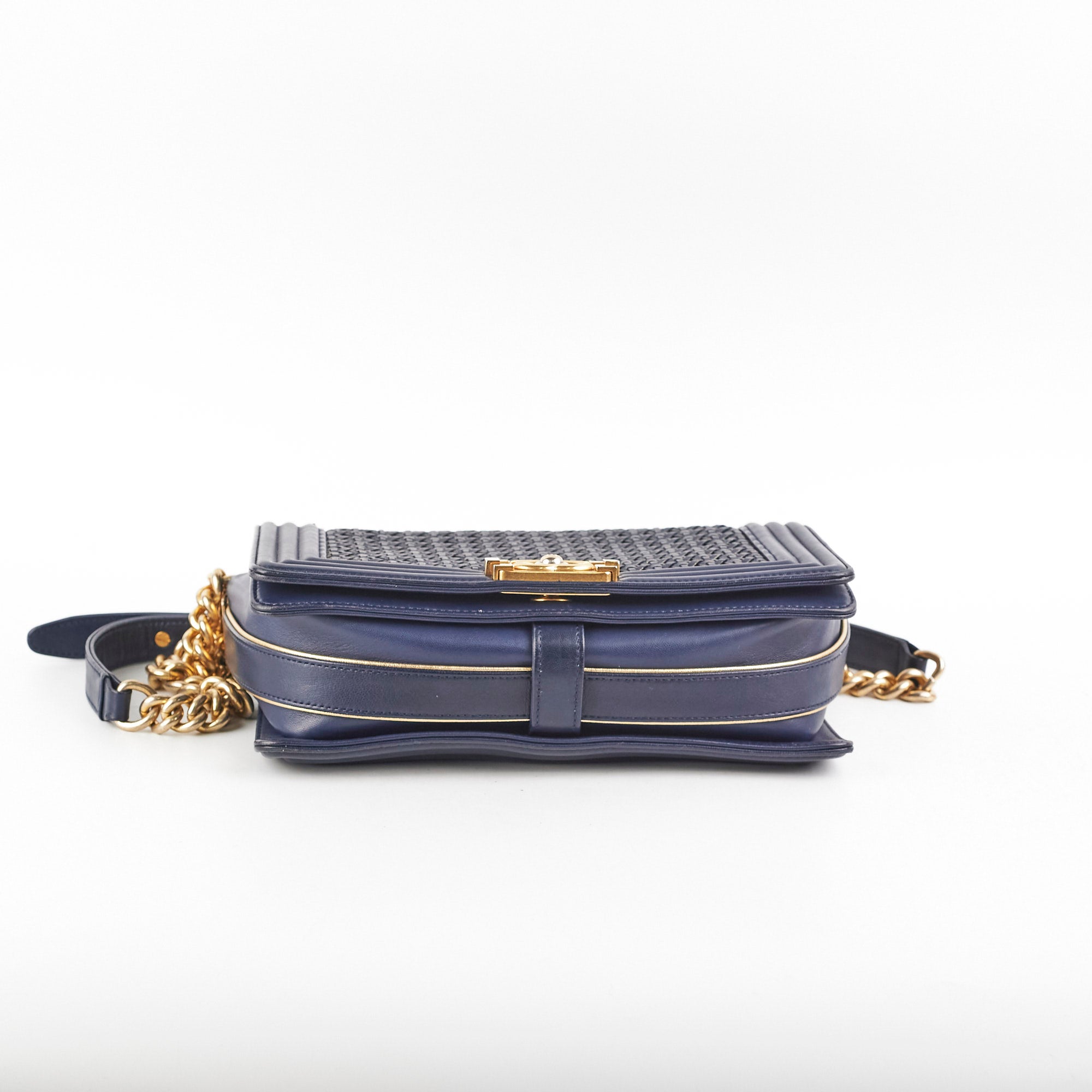 Chanel Old Medium Braided Reverso Boy Bag in Navy Blue - Luxury Designer Handbag for Women, Perfect for Evening Events & Special Occasions
