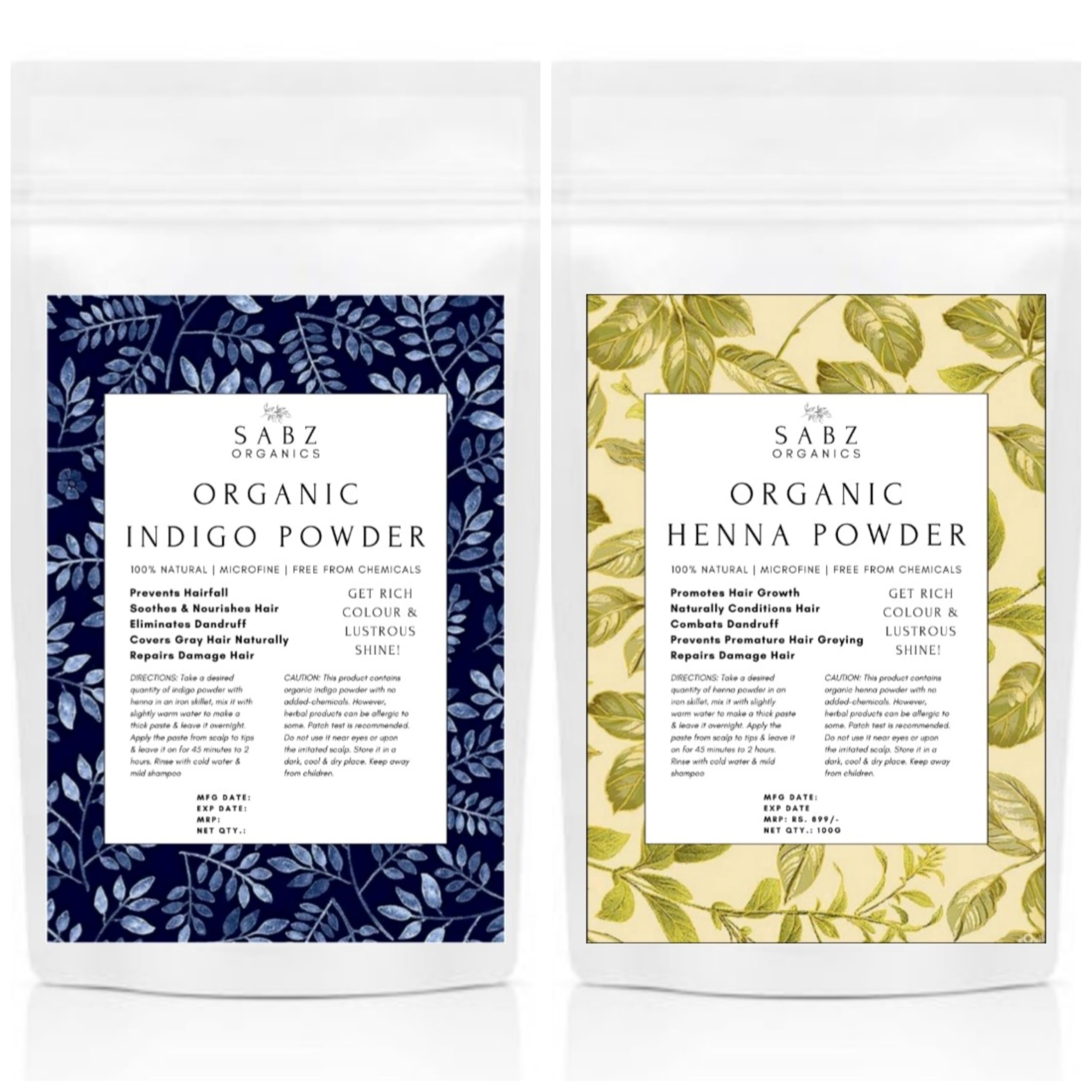 Sabz Organics Pure Natural Indigo & Herbal Henna Powder Combo - Ammonia-Free Hair Dye for Black & Brown Color | Promotes Strong, Smooth & Shiny Hair (100g Each) | Perfect for Natural Hair Coloring at Home, DIY Beauty Treatments & Chemical-Free Hair Care