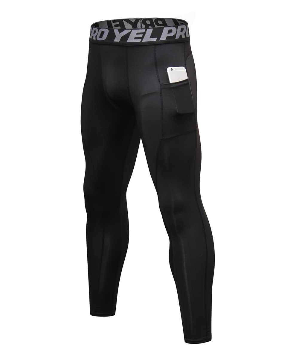 Men's Compression Pants with Pockets - Gym Running Workout Leggings for Yoga & Sports (Black, L)