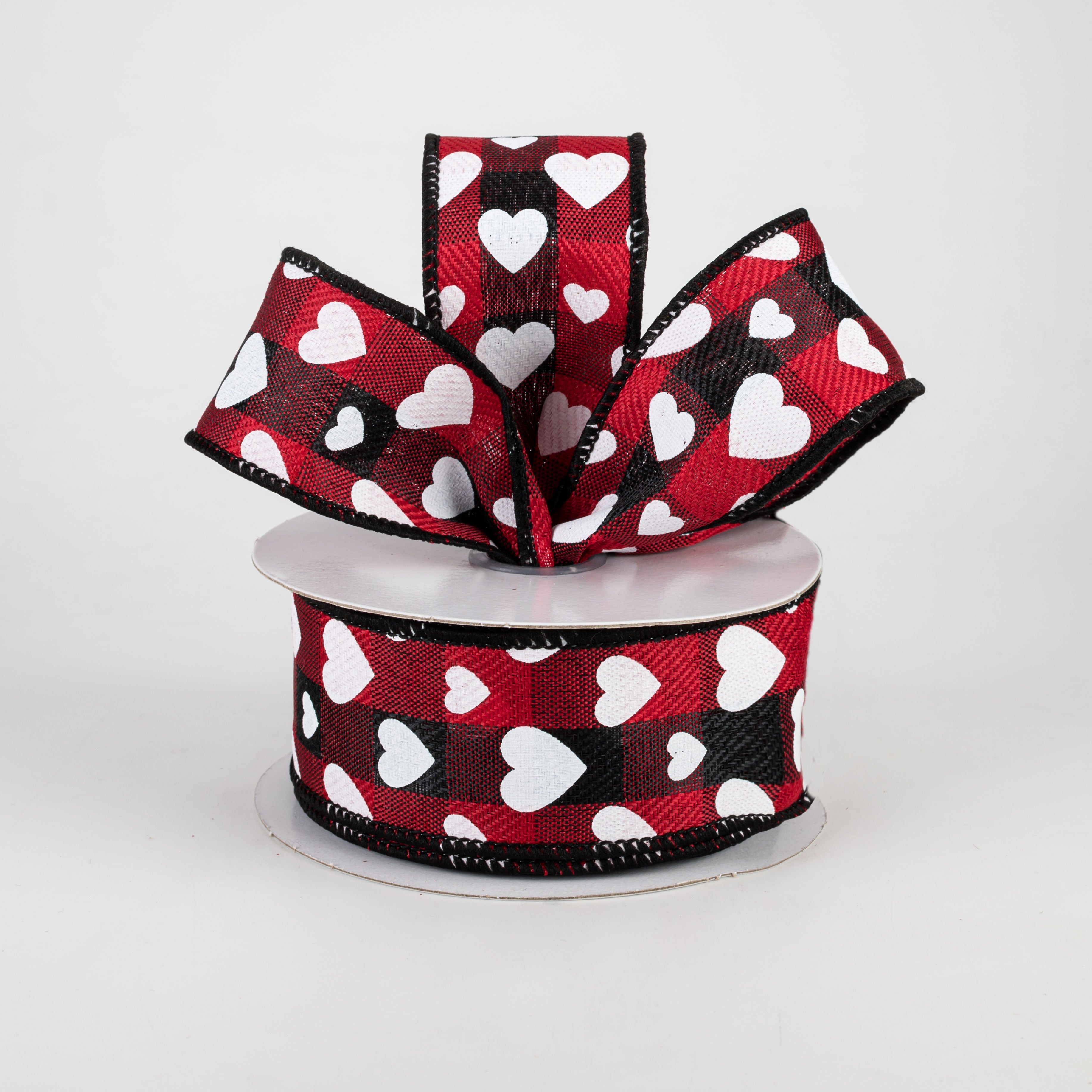 1.5 Inch Hearts on Buffalo Plaid Ribbon - Black, Red & White Checkered Pattern - 10 Yards Bulk Ribbon for Gift Wrapping, DIY Crafts, Christmas Decorations and Scrapbooking