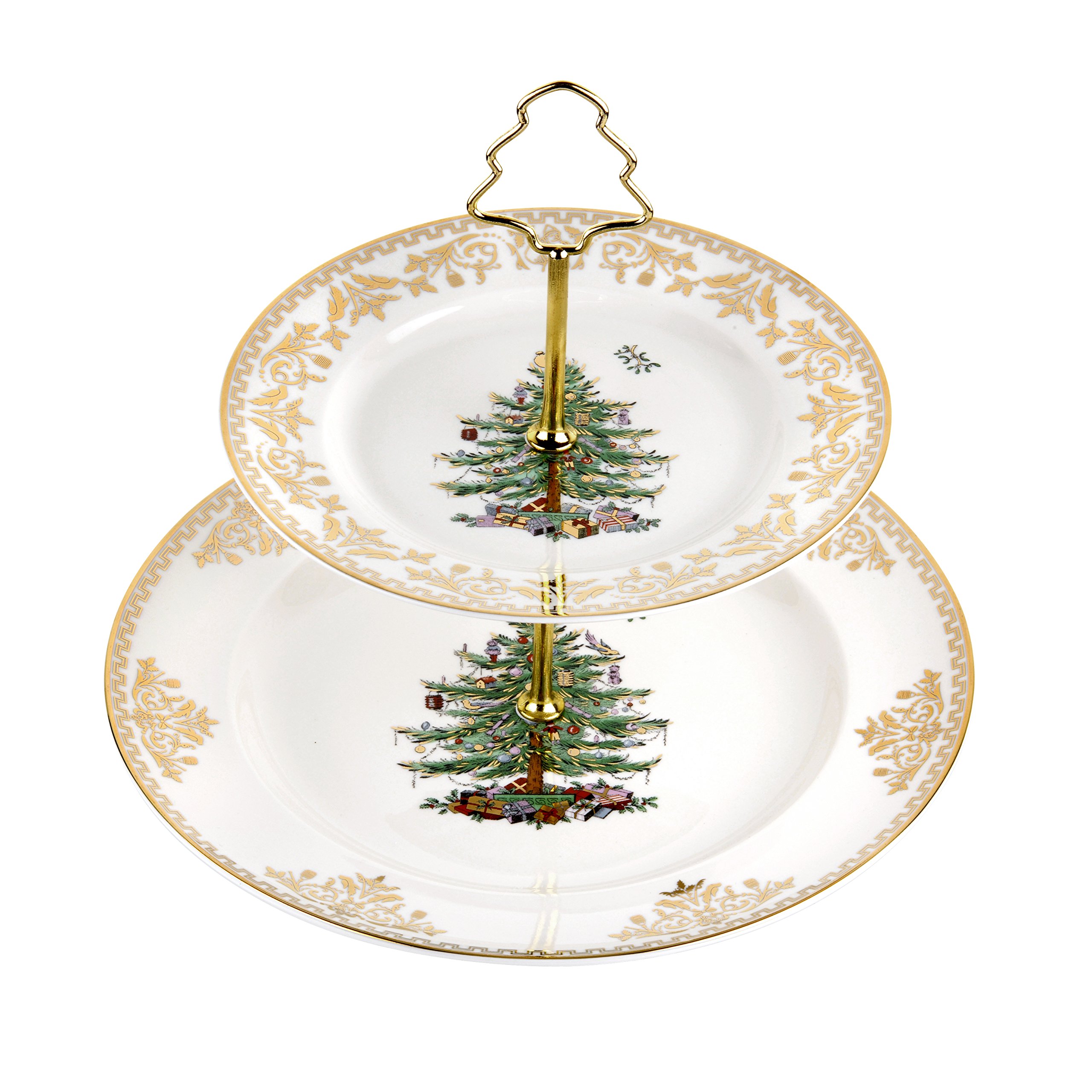 Spode Christmas Tree 2-Tier Gold Cake Stand - Elegant Holiday Dessert Server for Christmas Parties & Festive Gatherings