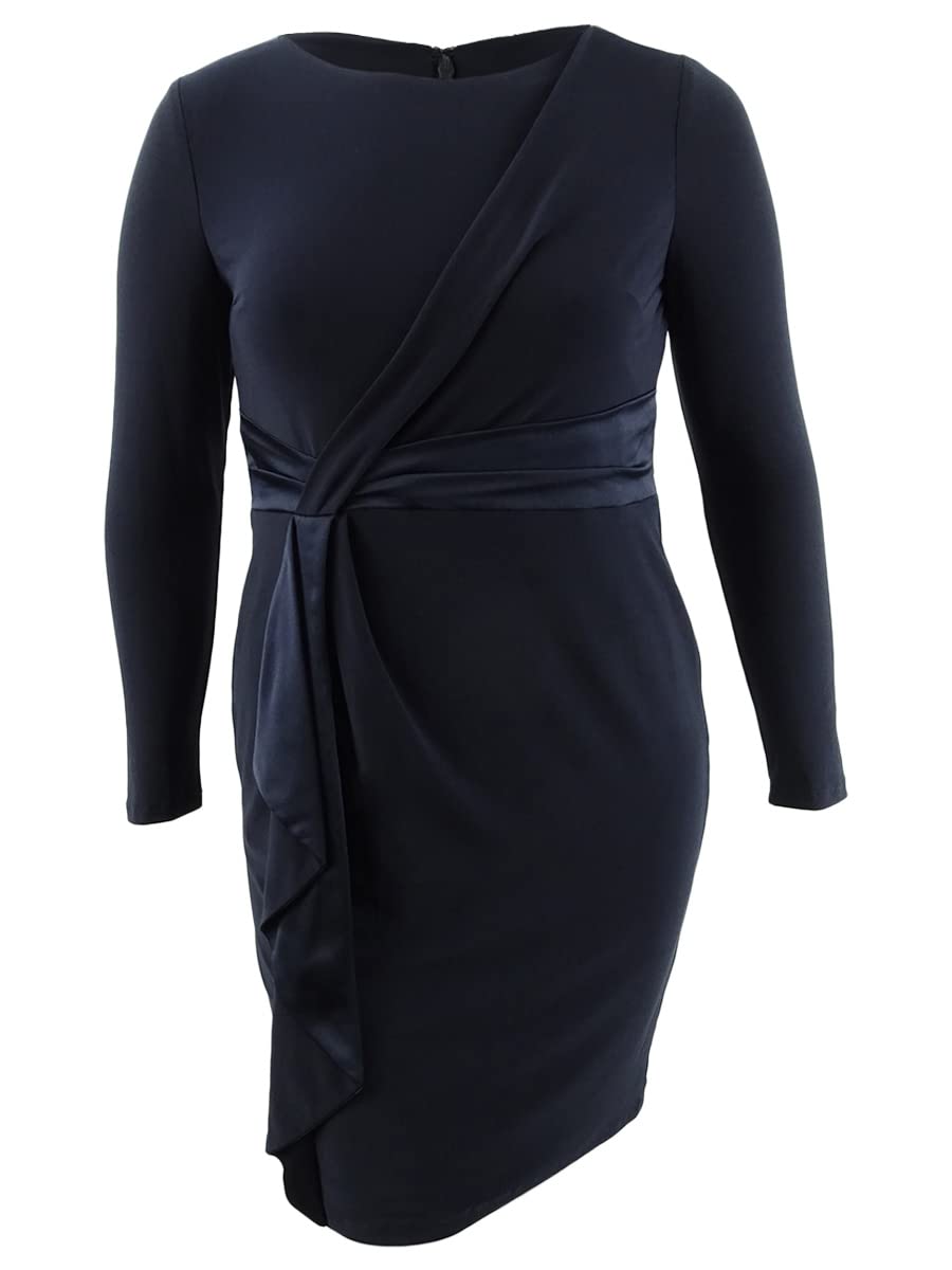 Lauren Ralph Lauren Women's Satin-Trim Long-Sleeve Jersey Dress - Size 6, Navy Blue - Elegant Office Wear & Evening Cocktail Dress