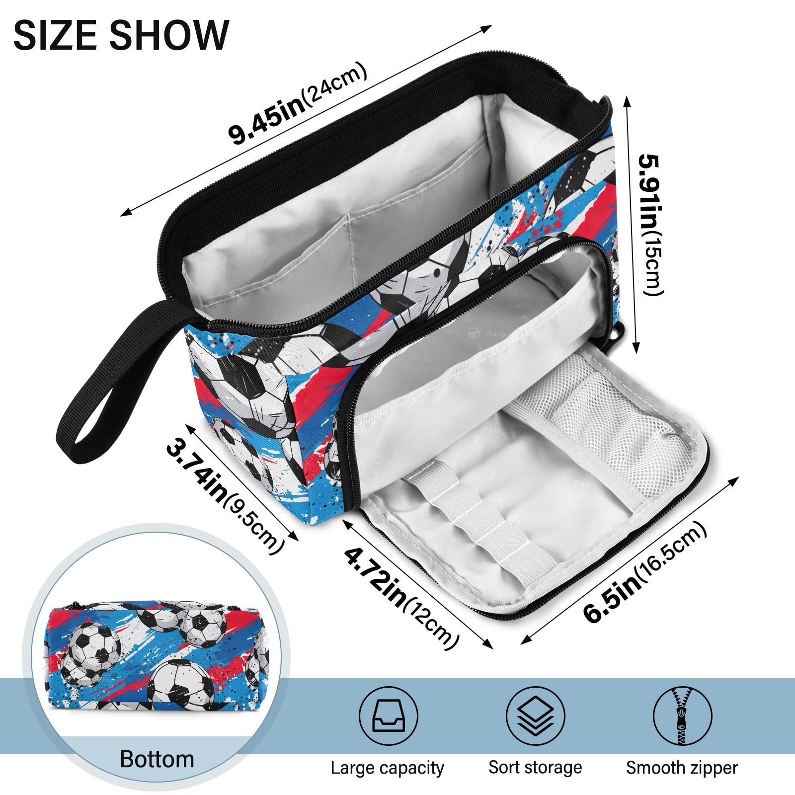 Large Capacity Aesthetic Soccer Football Pencil Case - Red & Blue Pen Bag with Multiple Compartments, Portable School Stationery Organizer for Teens, Boys, Girls & Adults | Perfect for School, Office & Travel Use