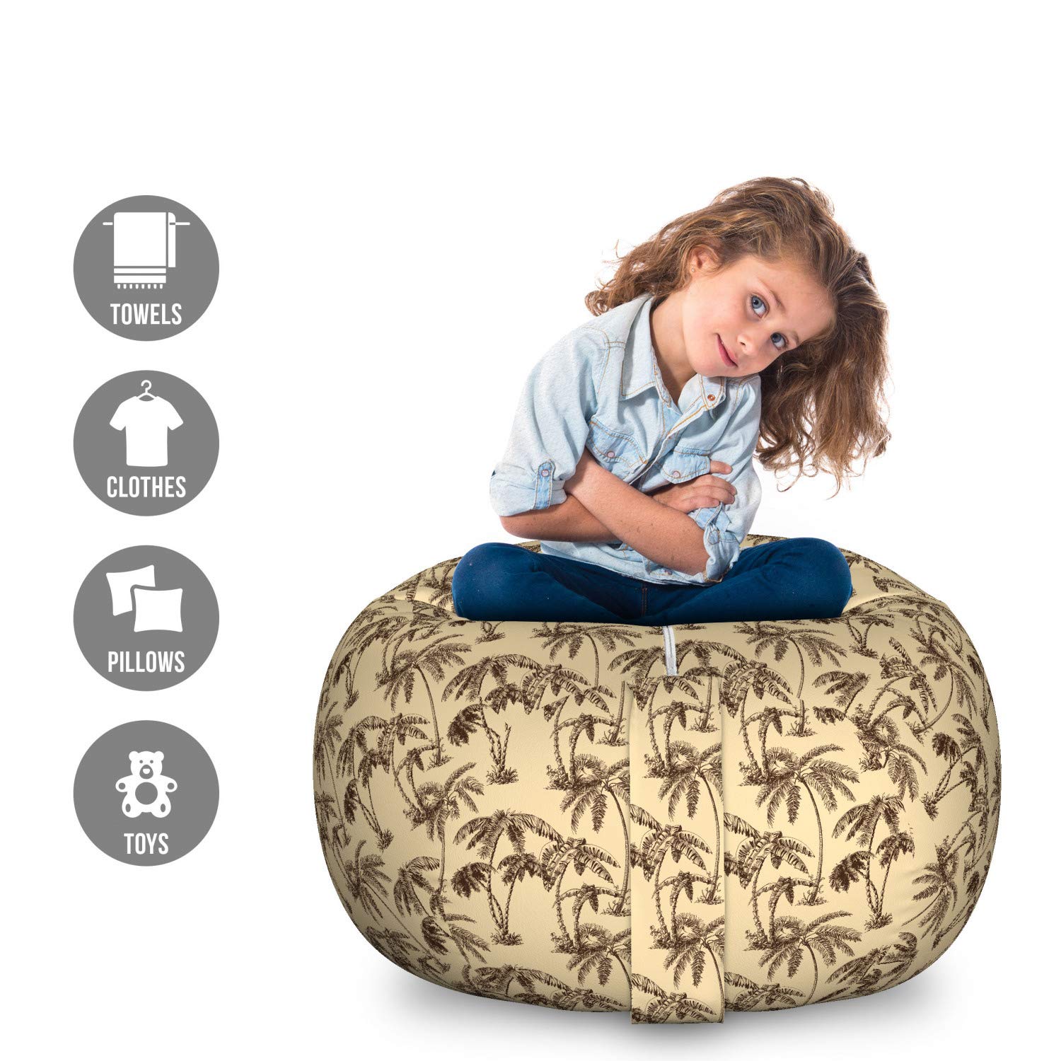 Ambesonne Large Washable Toy Storage Bag Chair - Sand Brown Chocolate, Tropical Palm Trees Hawaiian Exotic Abstract Foliage Design - Perfect for Kids' Room, Nursery, Playroom & Stuffed Animal Organization