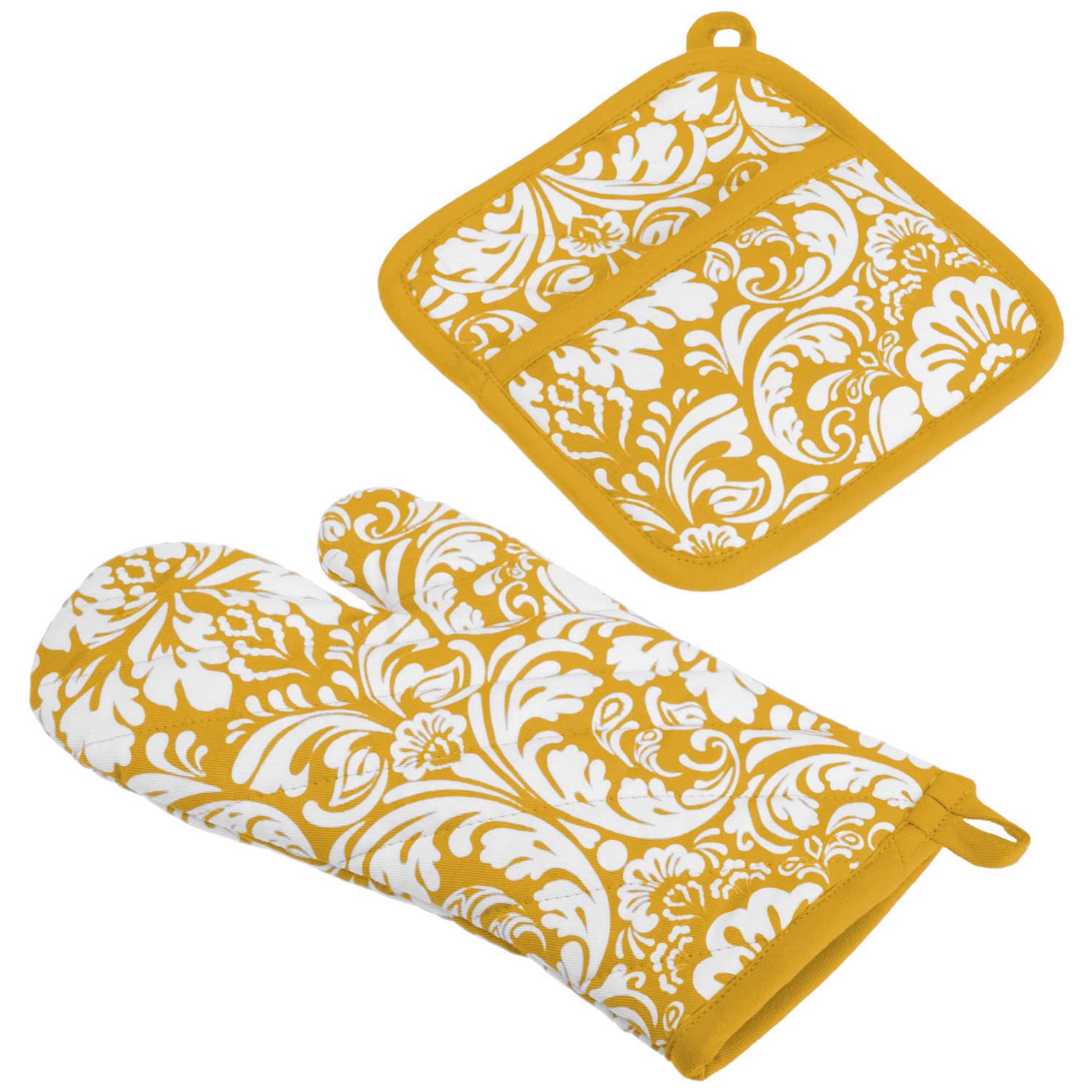 DII Quilted Oven Mitt and Potholder Set - Heat Resistant Kitchen Accessories with Hanging Loop for Easy Storage (6.5x12 Mitt & 8x8.5 Holder) - Mustard Damask Print - Perfect for Baking, Cooking, Grilling and Kitchen Decor
