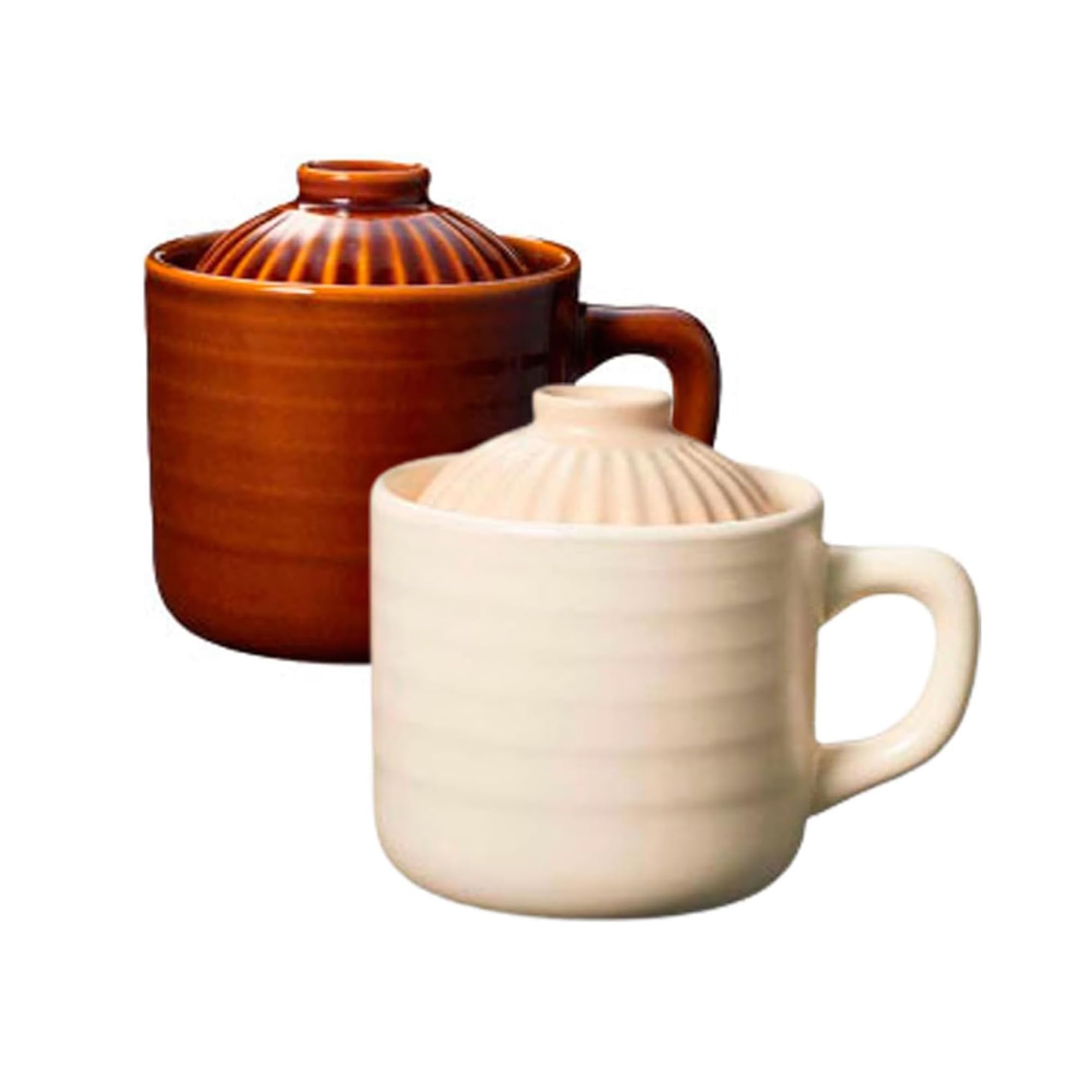 Microwave Rice Cooker Mug Set of 2 - 550ml Donabe Style Ceramic Pot for Rice, Oatmeal & Soup - Perfect for Dorm, Office & Camping (White & Brown)
