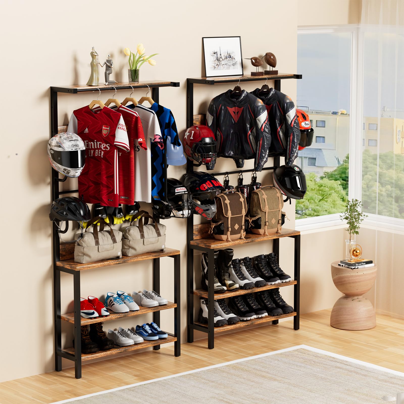 Motorcycle Helmet Holder - Floor & Wall Mounted Stand with Helmet Rack, 4 Glove Chips & 4 Hooks - Rustic Design for Most Helmets - Perfect for Garage, Shed, or Workshop Organization