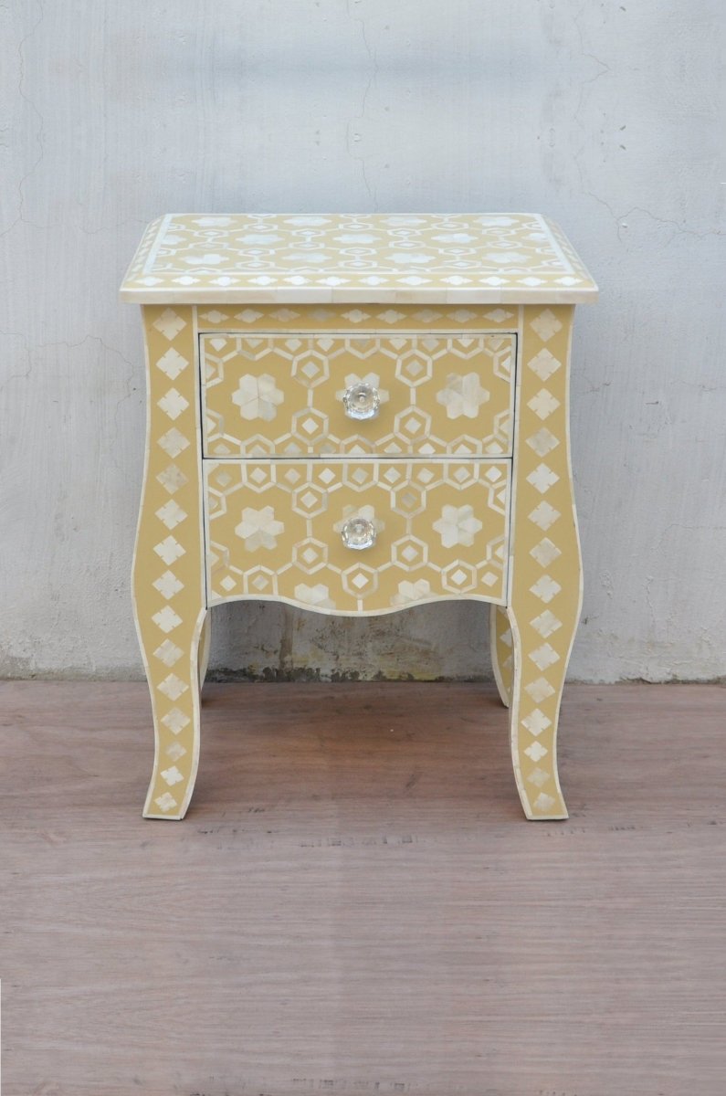 Handmade Exclusive Bone Inlay Floral Pattern Nightstand with Two Drawers - Vintage Bedside Table for Bedroom Decor, Perfect for Master Bedroom, Guest Room or Apartment