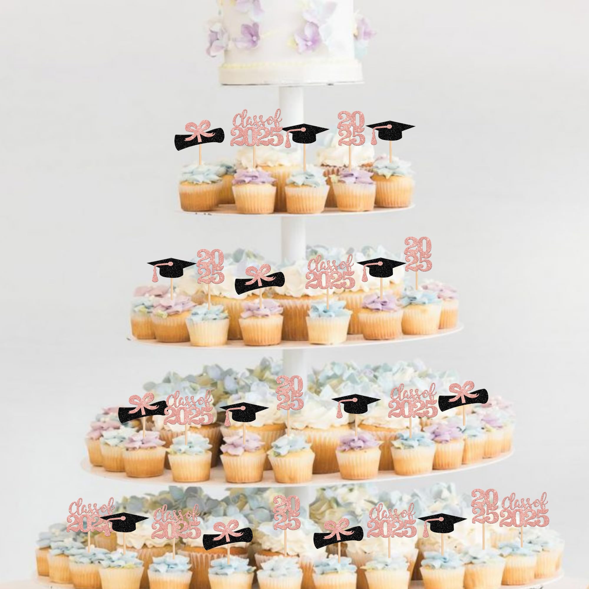 36 PCS 2025 Graduation Cupcake Toppers - Glitter Class of 2025 Graduation Cap & Diploma Cake Decorations - Rose Gold Party Supplies for Graduation Ceremony, School Celebration & Dessert Table Decor