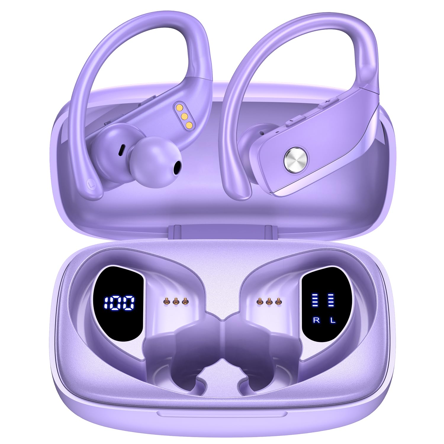 bmanl Wireless Bluetooth Earbuds - 48H Playtime, LED Display, Over-Ear Sport Headphones with Built-in Mic & Earhooks for Running, Gym Workouts - Purple (Ideal for Fitness, Commuting & Outdoor Activities)