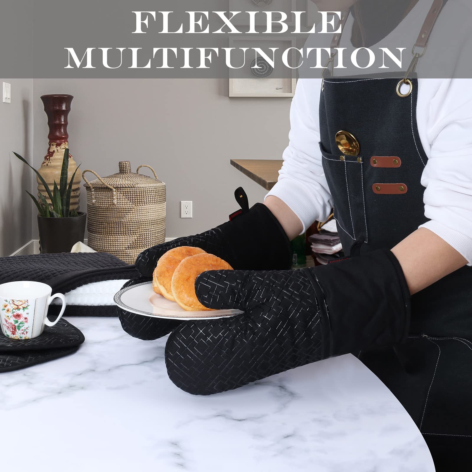 6-Piece High Heat Resistant Oven Mitts and Pot Holders Set - 550°F Extra Long Kitchen Gloves with Non-Slip Silicone Surface for Cooking, Baking, Grilling - Perfect for BBQ, Baking Cookies, and Handling Hot Pots Safely