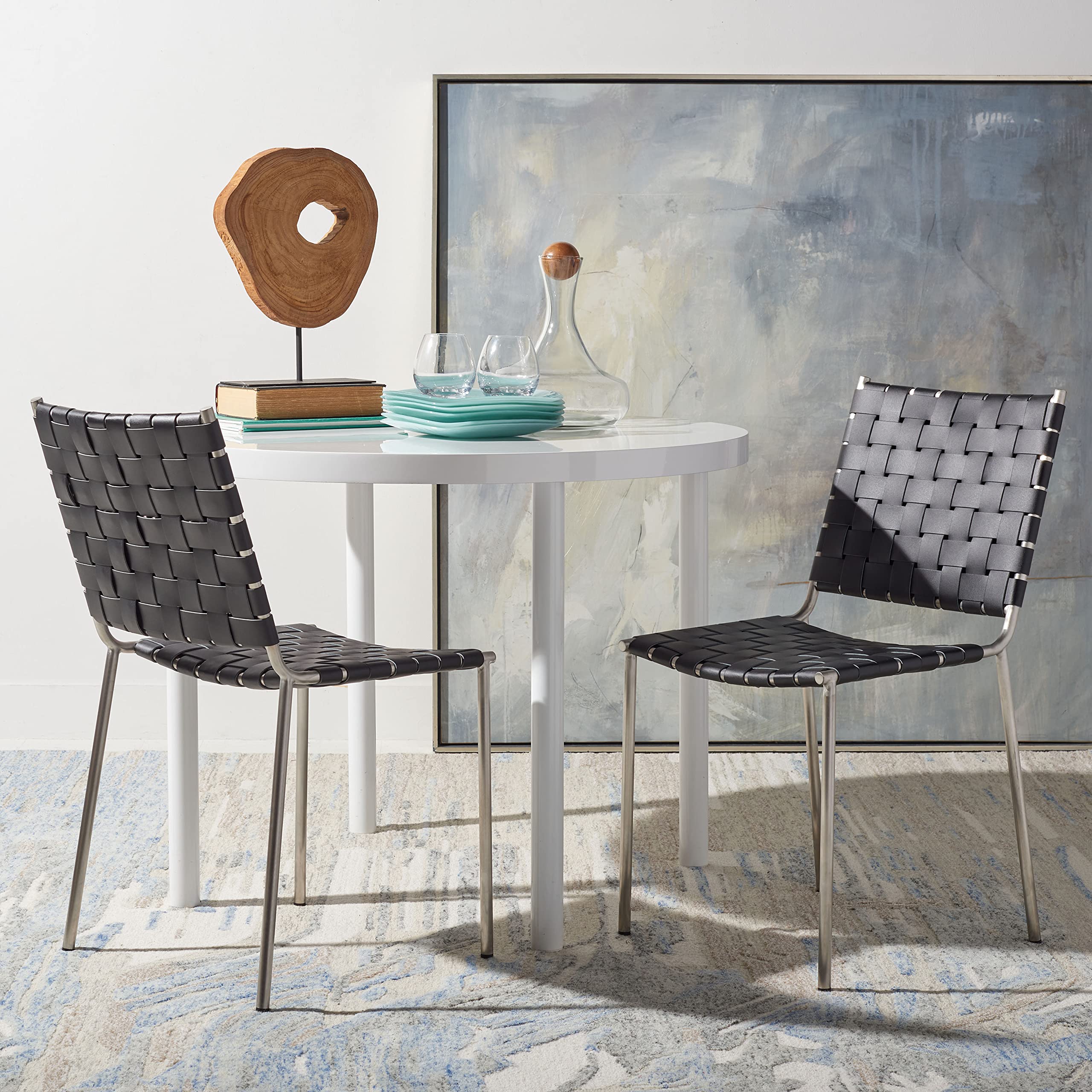 Safavieh Wesson Black Woven Leather & Silver Dining Chairs (Set of 2) - Fully Assembled Modern Kitchen & Dining Room Furniture for Home Decor