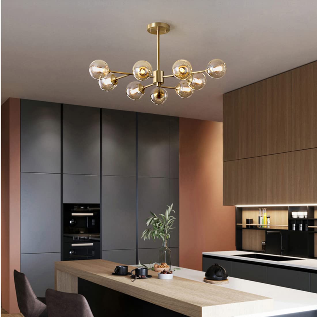 9-Light Gold Brass Linear Chandelier - Glass Globe Pendant Light Fixture for Dining Room, Bedroom, Living Room & Hallway | Modern Molecule Design & Warm Ambient Lighting | Perfect for Home Decor, Wedding Venues & Restaurant Lighting