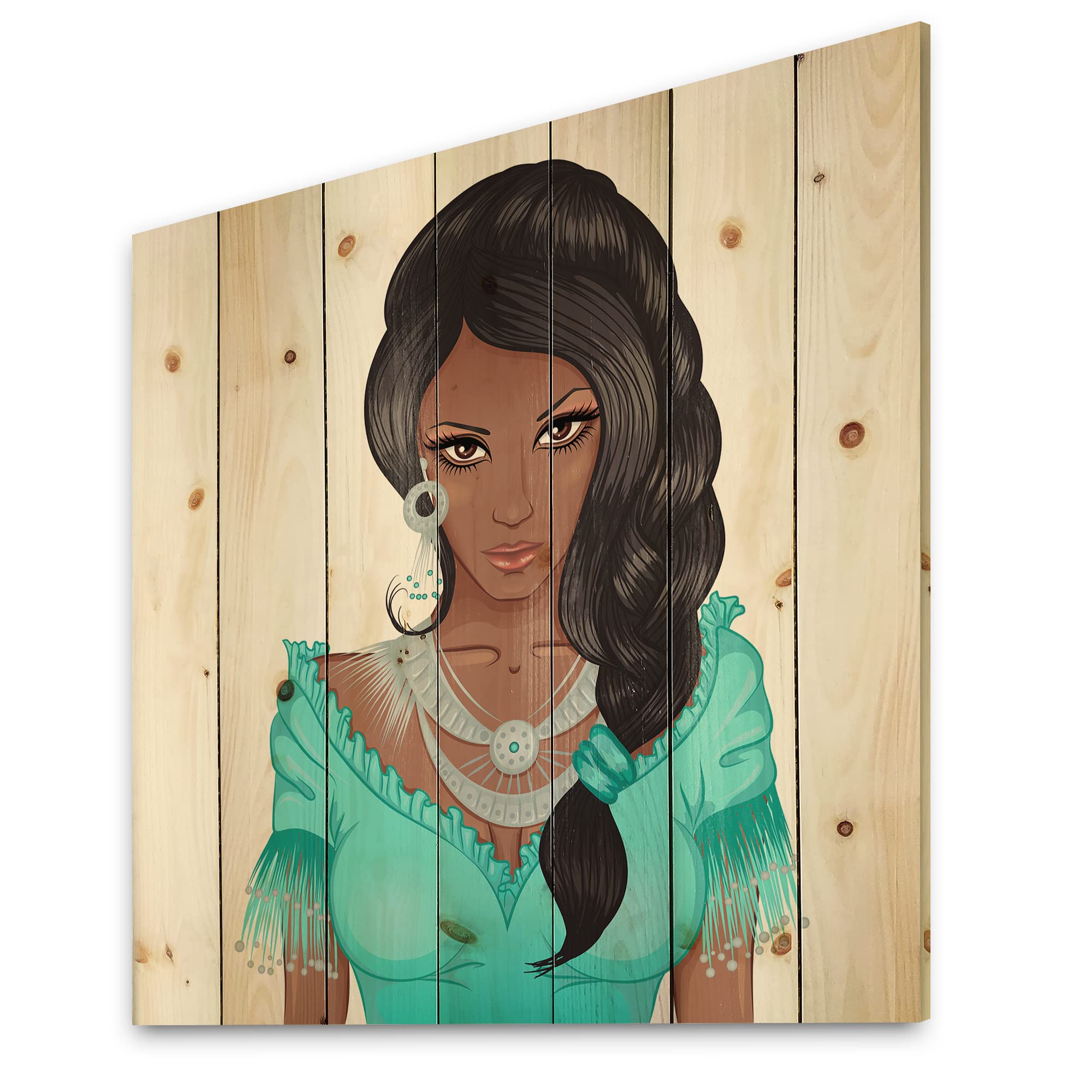 African American Woman Portrait XVI - Modern Wood Wall Art Decor, Blue Contemporary Wood Panel Print on Natural Pine, Large People Wall Art for Living Room, Bedroom & Office Decor