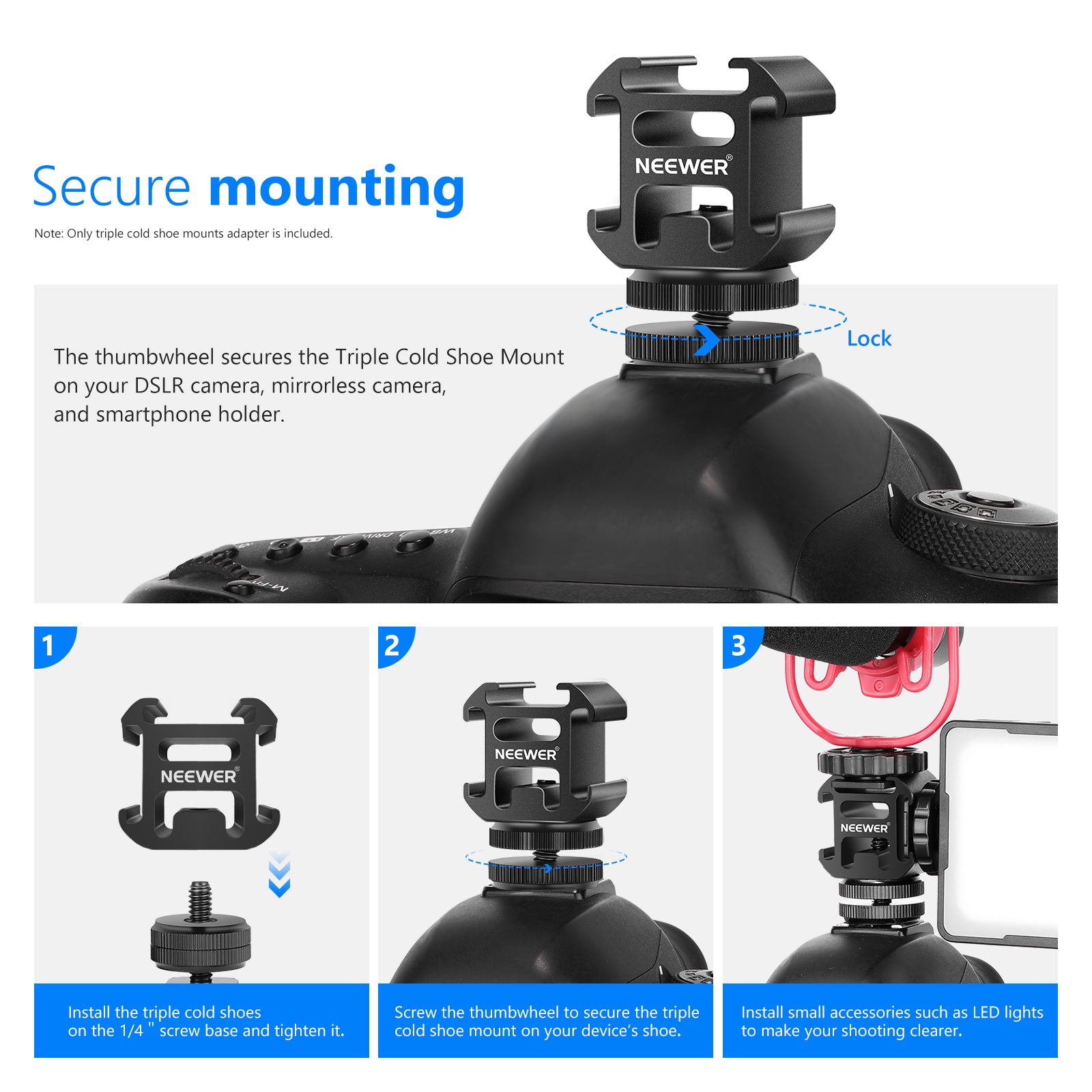 NEEWER Professional Camera Hot Shoe Mount Adapter with 3 Cold Shoe Mounts - Perfect for DSLR, Mirrorless Cameras & Video Lighting Accessories