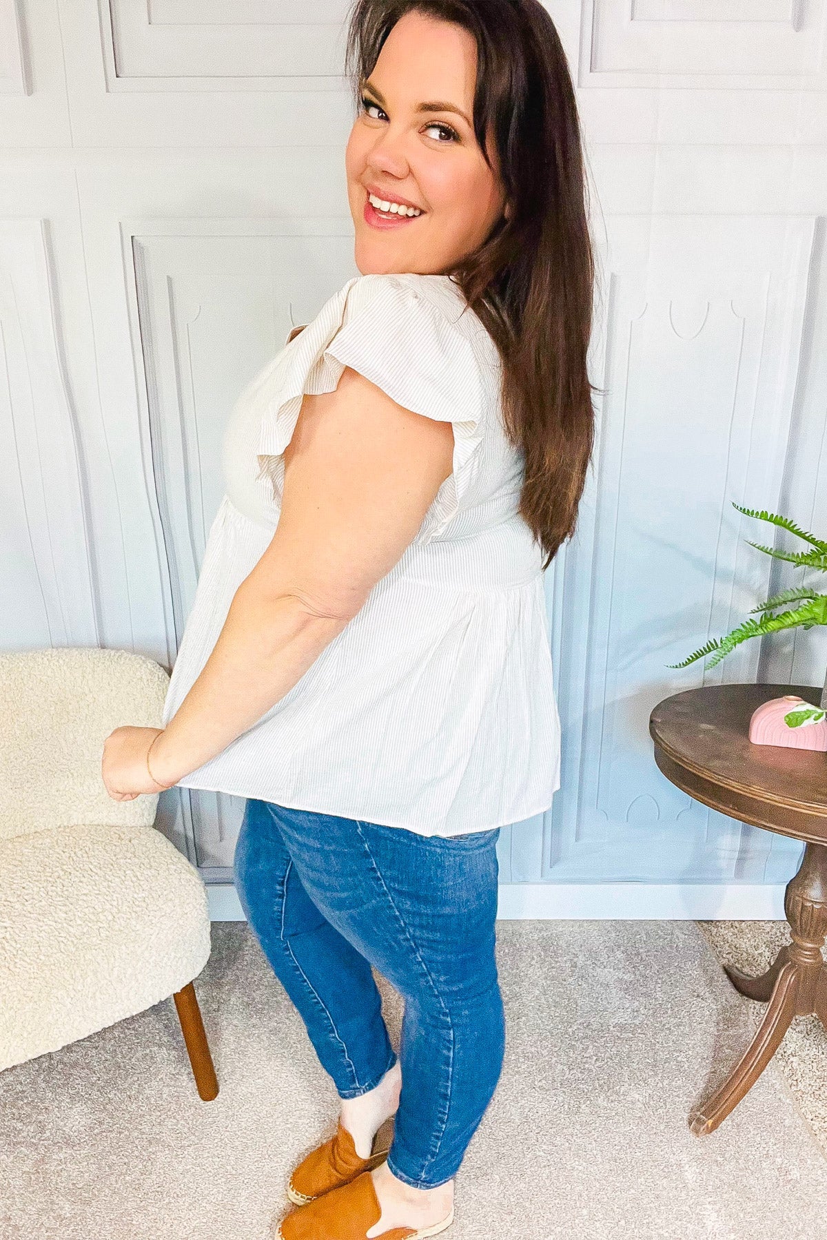 Haptics Weekend Ready Taupe Embroidered Notched Neck Babydoll Top - Women's Casual Boho Blouse for Brunch, Date Night & Summer Outings
