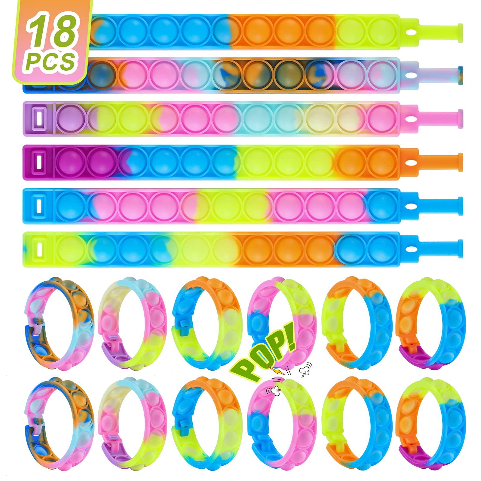 18-Piece Pop Fidget Bracelet Set - Wearable Push Pop Sensory Wristband for Kids & Adults - Stress Relief & Anxiety Toys - Rainbow Colors for Classroom, Office & Travel Use