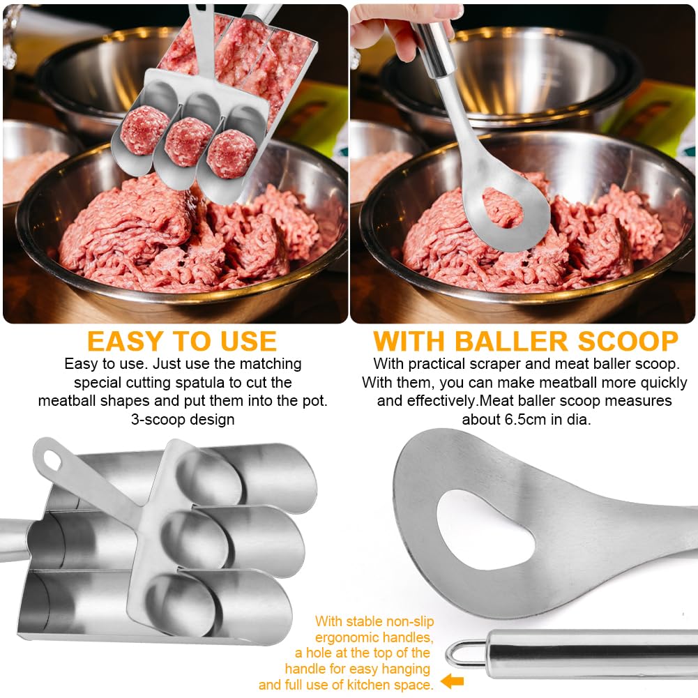 3-in-1 Stainless Steel Meatball Maker Tool - Non-Stick Meatball Scoop & Ball Shaper - Perfect for Homemade Meatballs, Meatball Subs & DIY Home Cooking - Ideal for Kitchens, Restaurants & Meal Prep
