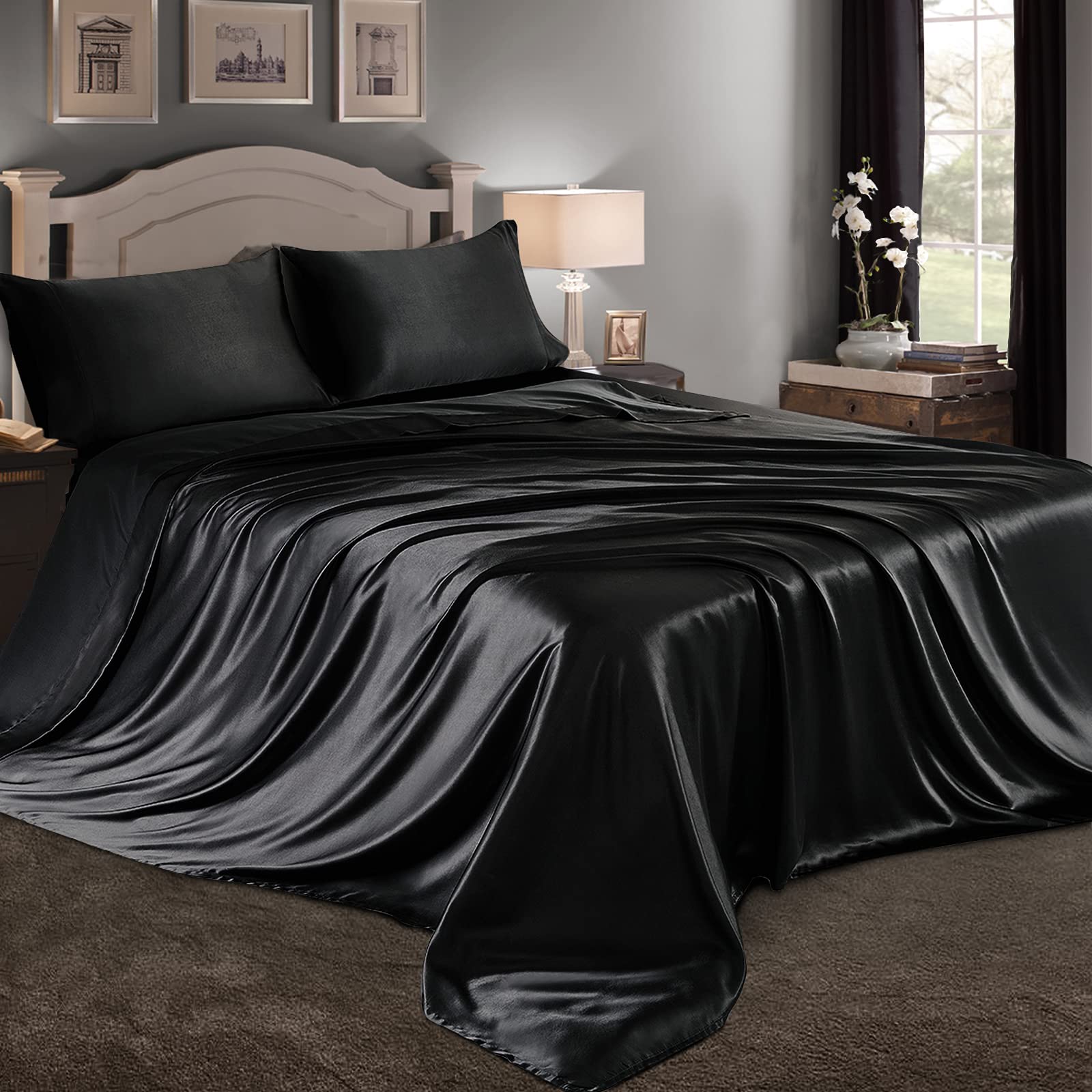 Black Satin Queen Sheet Set - 4pc Deep Pocket for Bedroom Luxury