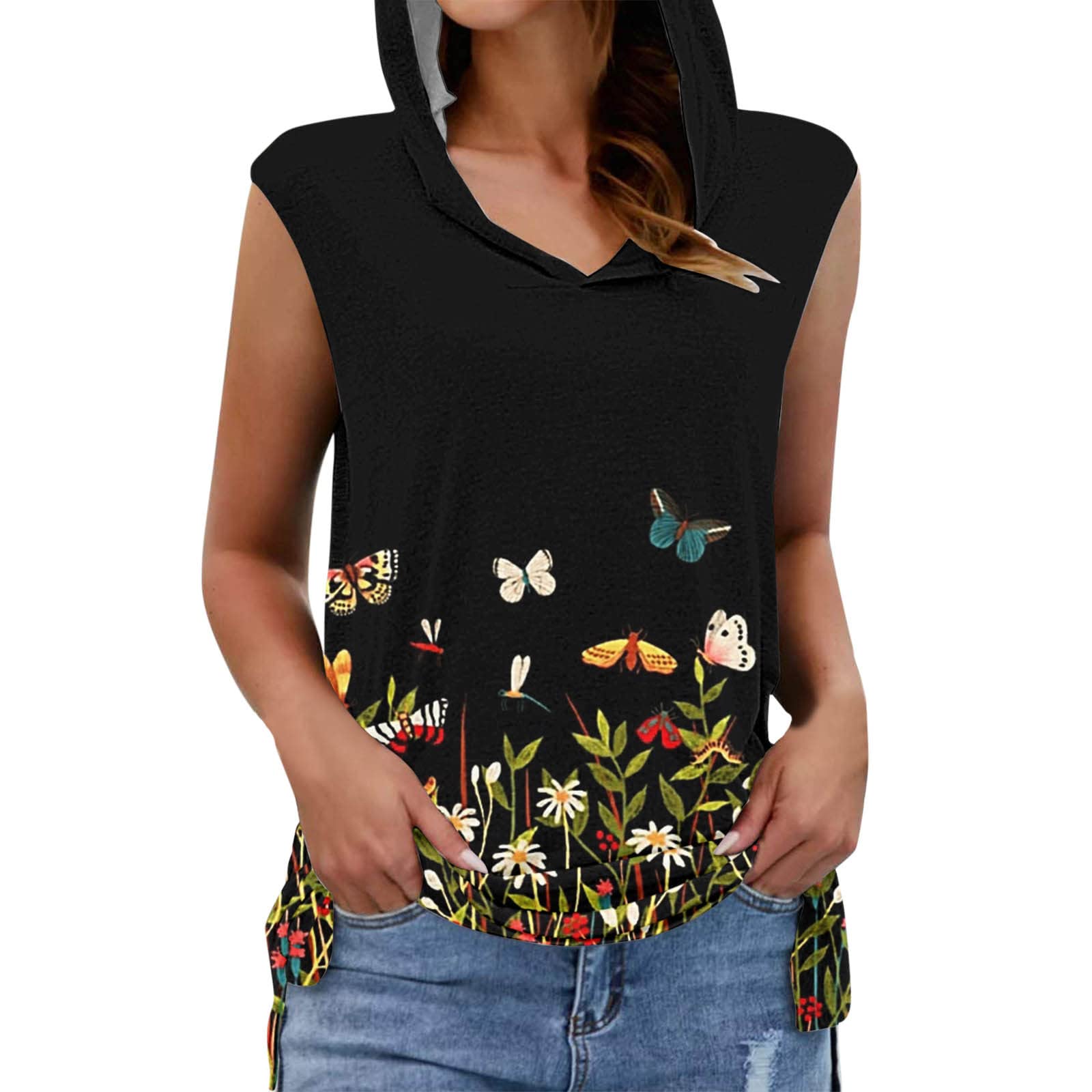 Women's Fashion Sleeveless Hooded Tank Top - Casual Printed Blouse with Side Slit & Graphic Design | Perfect for Summer Outfits, Beach Wear & Street Style