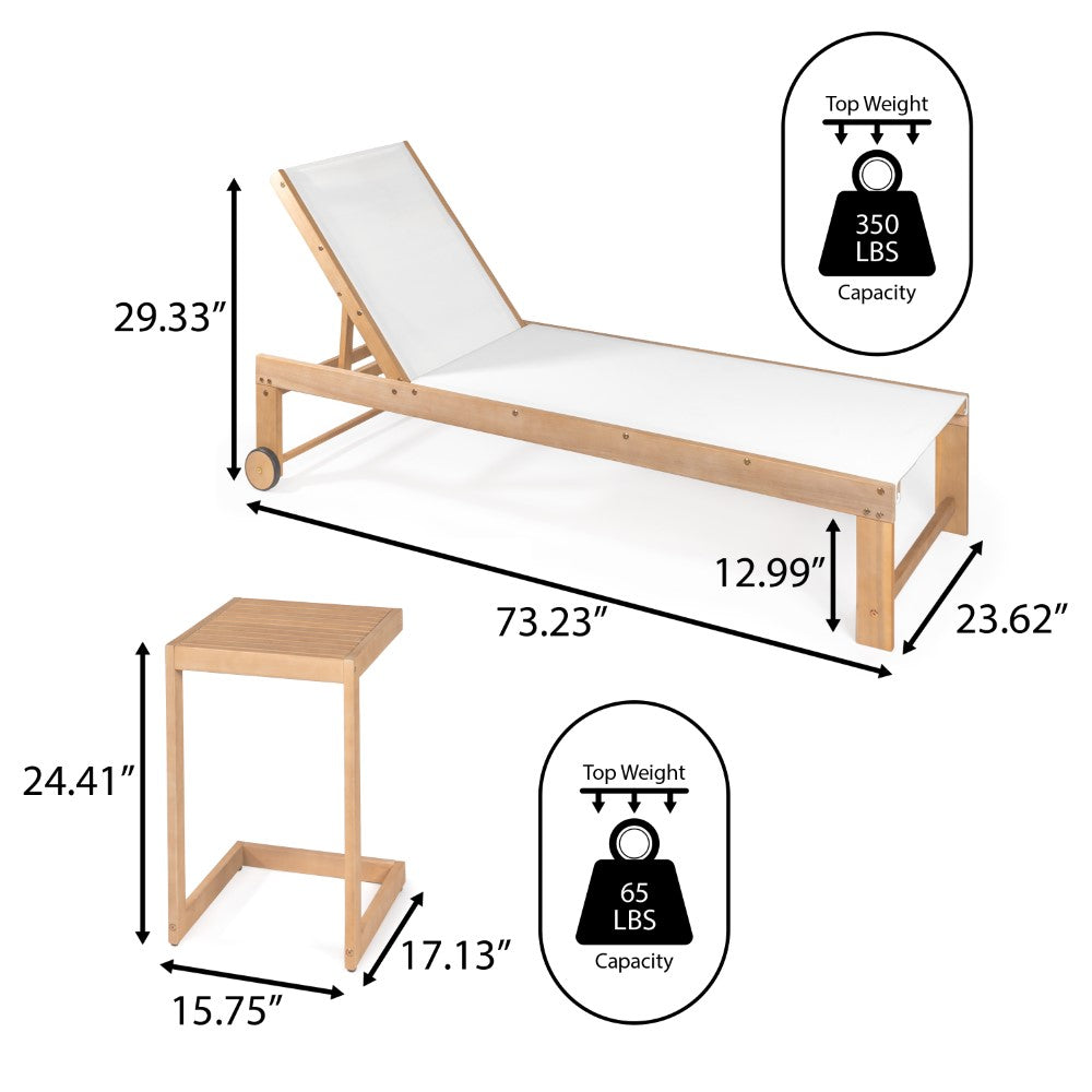 Trabuco Coastal Modern Acacia Wood 3-Position Adjustable Outdoor Chaise Lounge Set with Side Table - Patio, Poolside & Beach Relaxation Furniture for Backyard, Garden & Resort