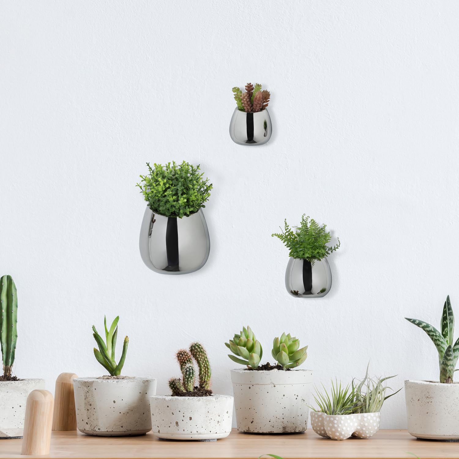MyGift Set of 3 Modern Wall-Mounted Silver Ceramic Planters - Succulent & Air Plant Hanging Vases for Home, Office Decor | Indoor Herb Garden & Small Flower Pots