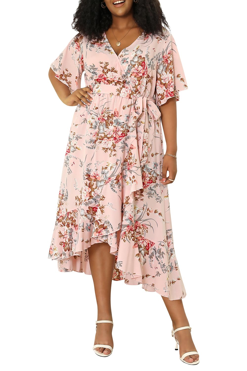 Keluummi Plus Size Wedding Guest Maxi Dress for Women - Floral Boho Wrap Dress with Sleeves & Pockets | Summer Casual Long Dress for Curvy Women | Perfect for Weddings, Parties & Special Occasions