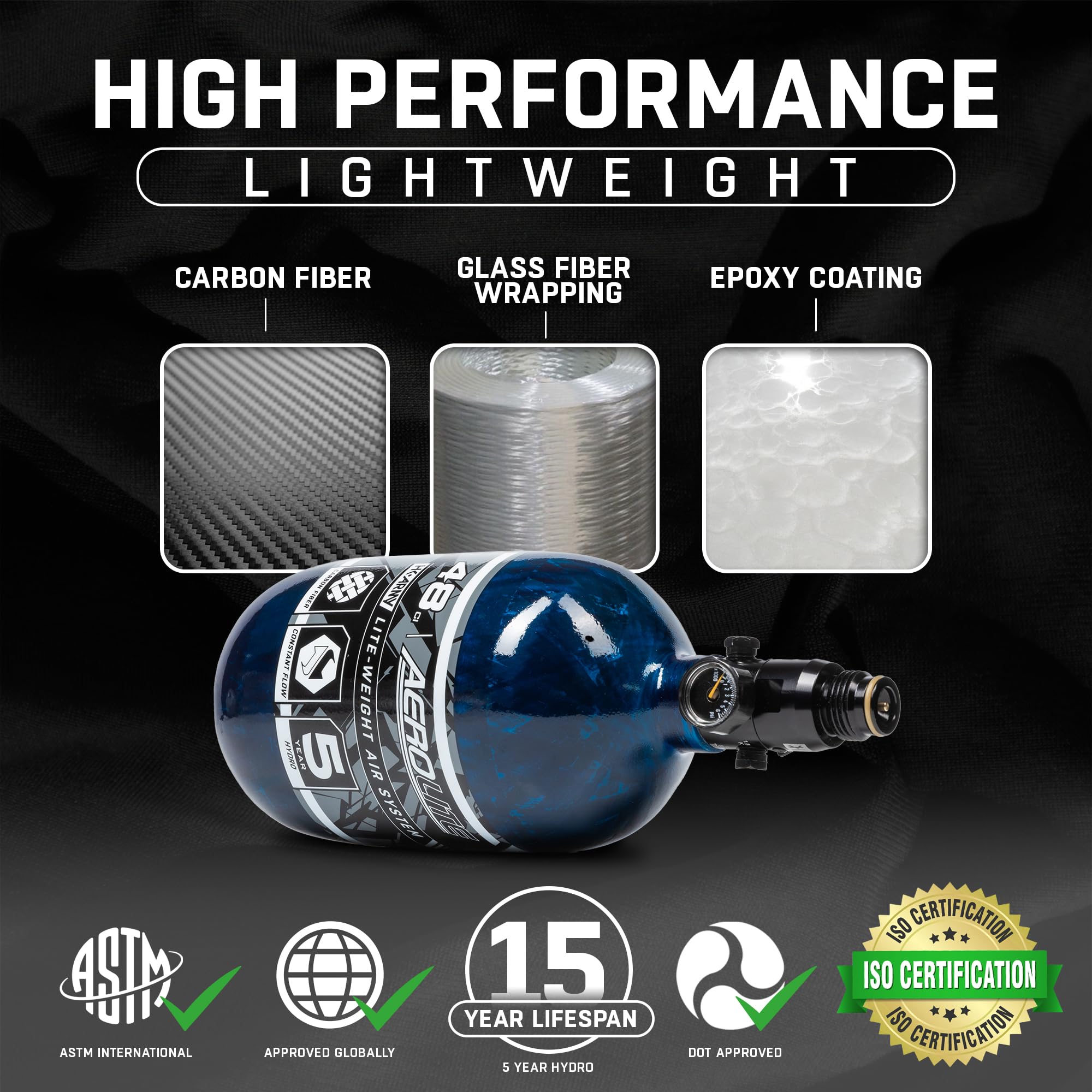 HK Army Aerolite Carbon Fiber HPA Paintball Tank Air System - 48ci/4500psi - Lightweight High Pressure Air Tank for Tournament Paintball & Airsoft Games