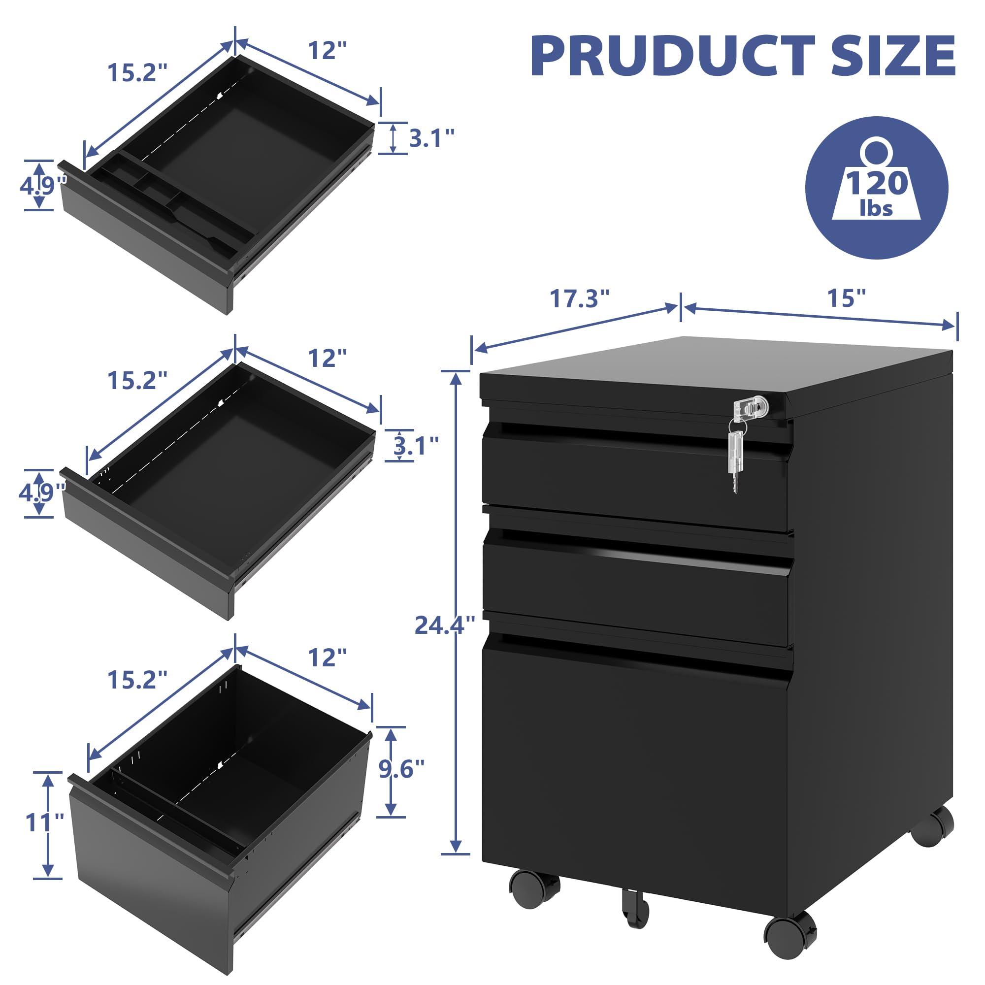 3-Drawer Rolling File Cabinet with Lock - Black Metal Mobile Filing Cabinet for Legal/Letter Size Documents (Fully Assembled Except Casters) - Perfect for Office Organization, Home Office Storage & Business Document Filing