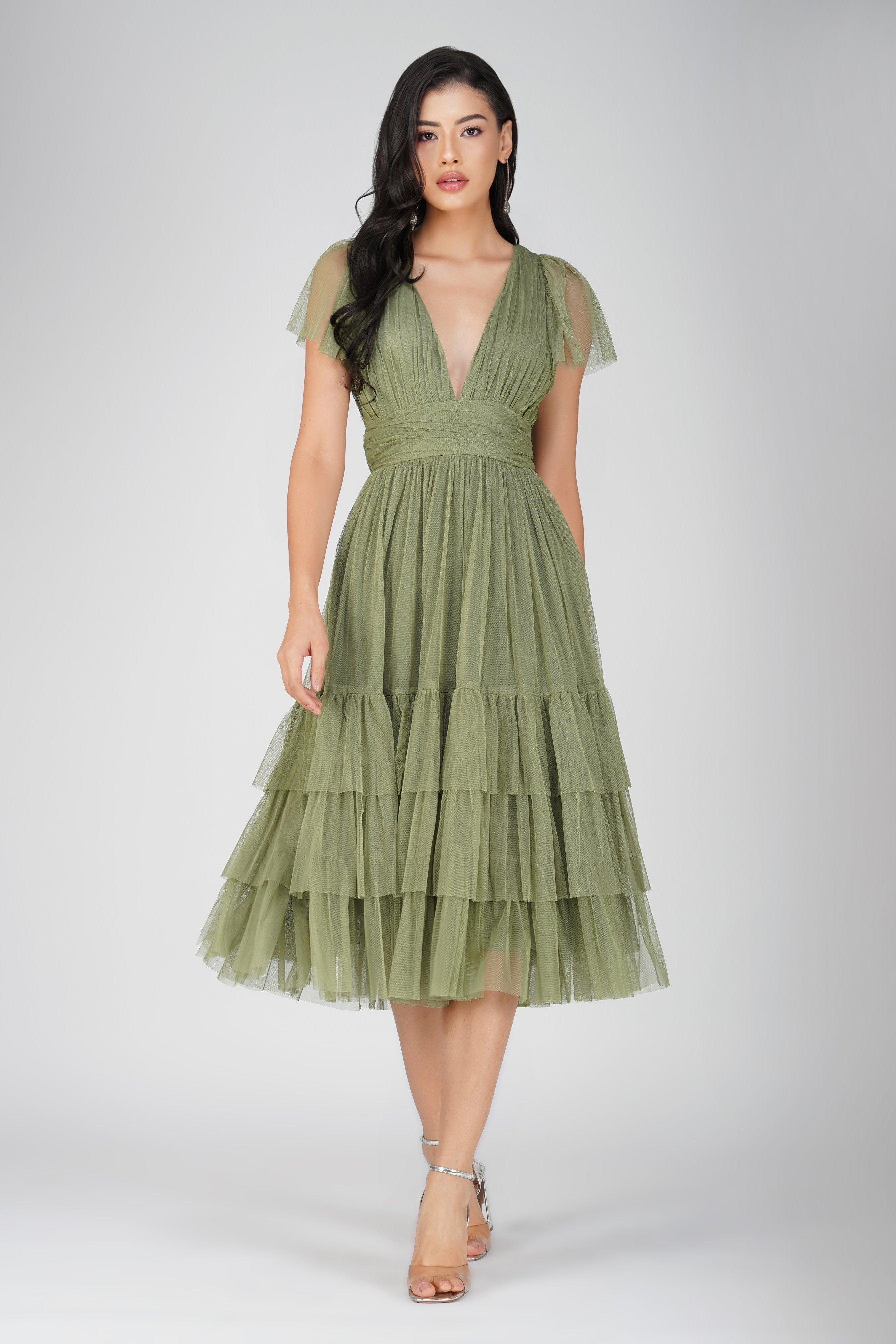 Madison Soft Olive Tulle Bridesmaid Midi Dress - Elegant Wedding Party Gown for Bridesmaids, Formal Occasions & Special Events