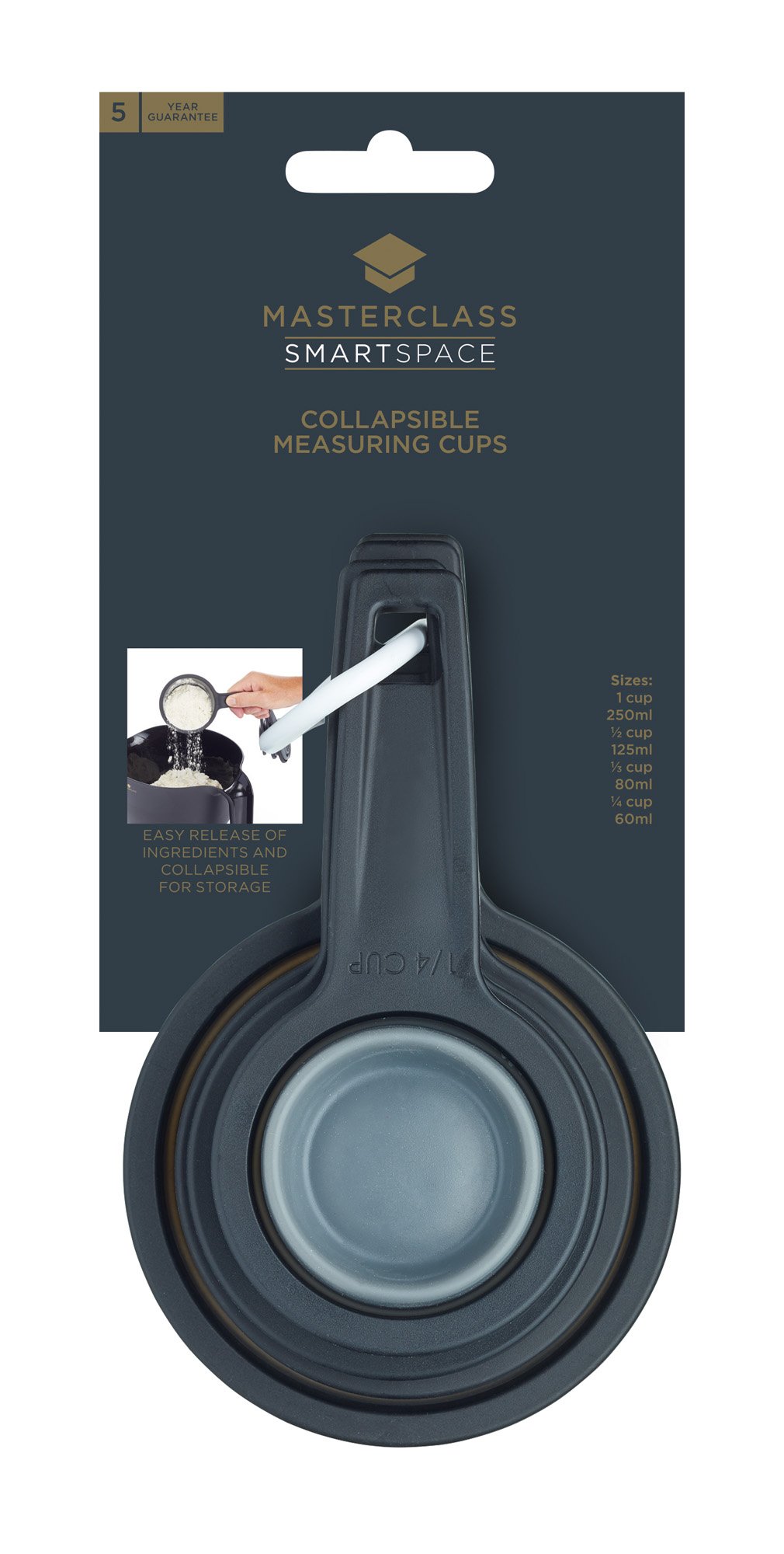 MasterClass KitchenCraft Smart Space Non-Stick Collapsible Measuring Cups Set - 4-Piece Black & Grey for Baking, Cooking & Meal Prep - Space Saving Kitchen Essentials