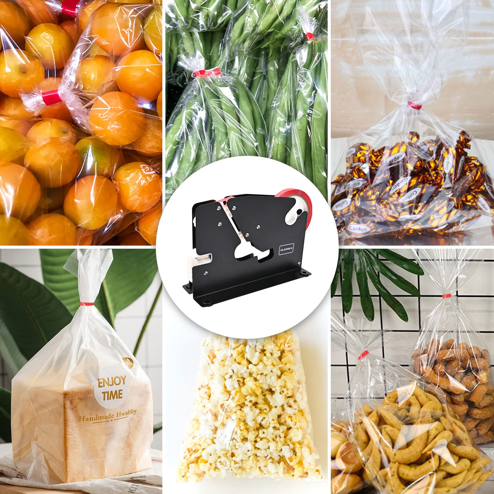 Tape Bag Sealer with Trimmer - Built-in Sharp Blade for Sealing Clear Plastic Bags | Perfect for Packaging Cookies, Bread & Ground Meat | Includes Tape Roll | Ideal for Home Kitchen, Bakery & Food Storage