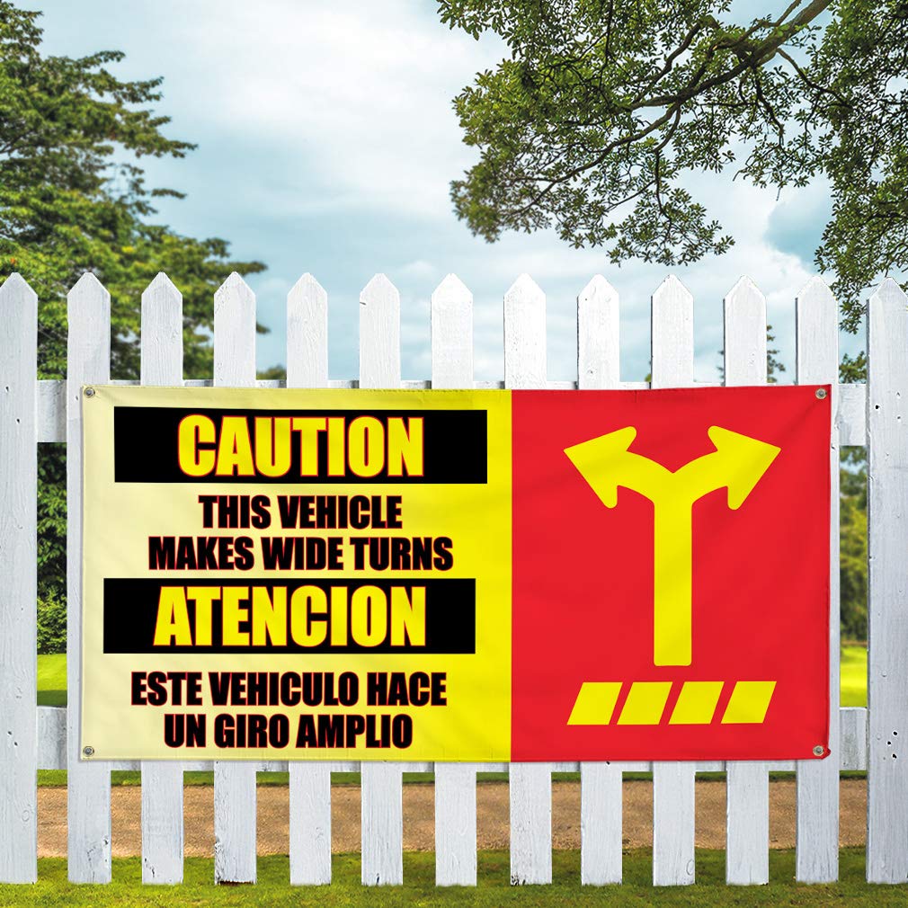 Vinyl Banner Multiple Sizes - Caution Wide Turns (Giros Amplios) - Weatherproof Outdoor Industrial Yard Signs with 8 Grommets (48x96 Inches) - Perfect for Construction Sites, Warehouses & Road Safety Warnings