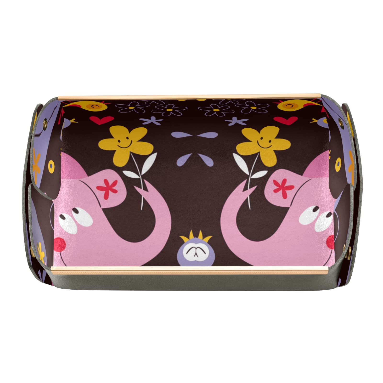 Pink Elephant Floral Black Rectangular Desk Organizer Tray - PVC Leather Jewelry & Vanity Storage Tray, Detachable Foldable for Countertop, Tissues, Makeup & Office Supplies | Perfect for Home, Office & Gift Giving