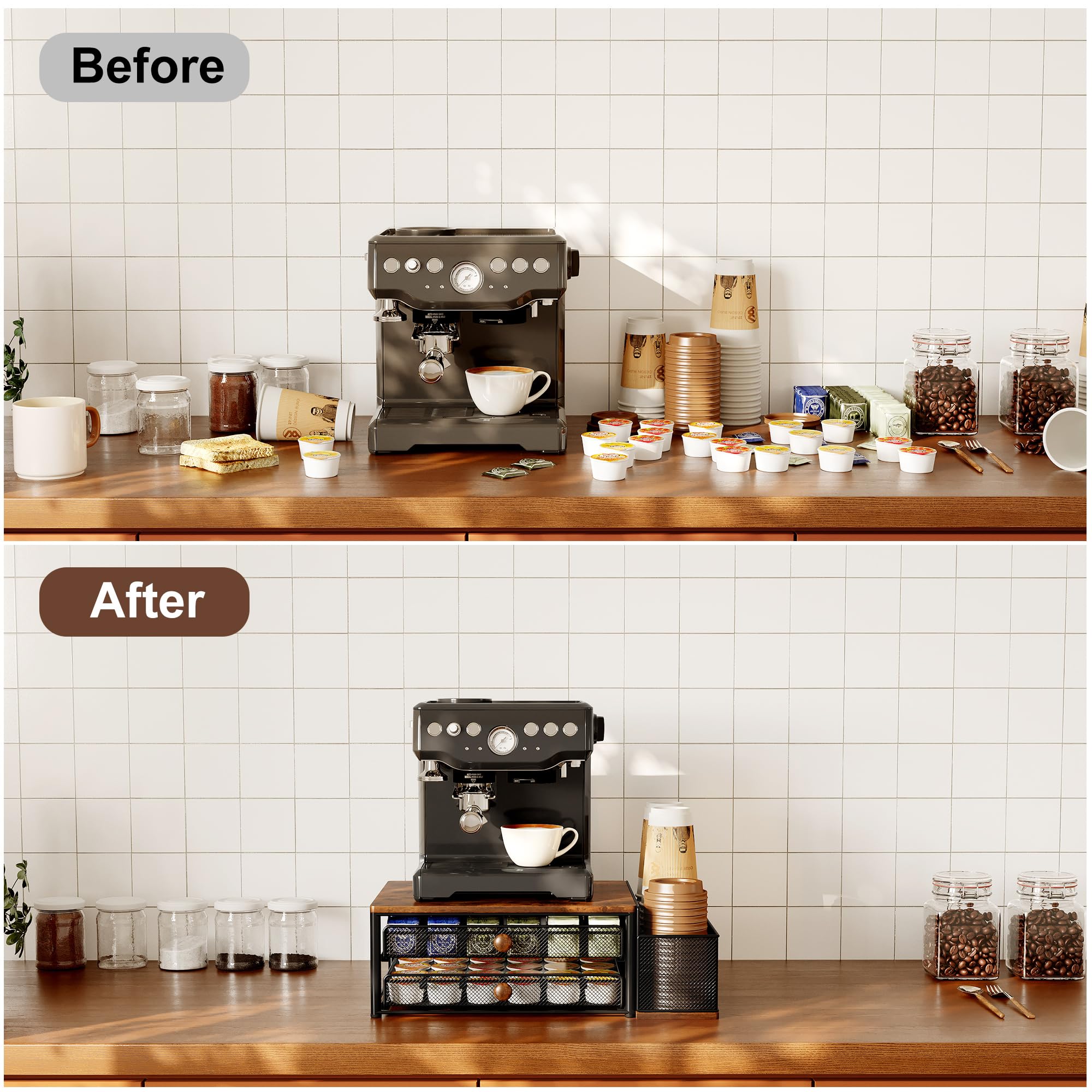 60-Capacity 2-Tier Coffee Pod Stand & Cup Holder - Countertop Organizer for Keurig K-Cups, Nespresso Pods & Disposable Cups with Lid Storage - Perfect for Coffee Bars, Kitchens & Office Break Rooms (Black)