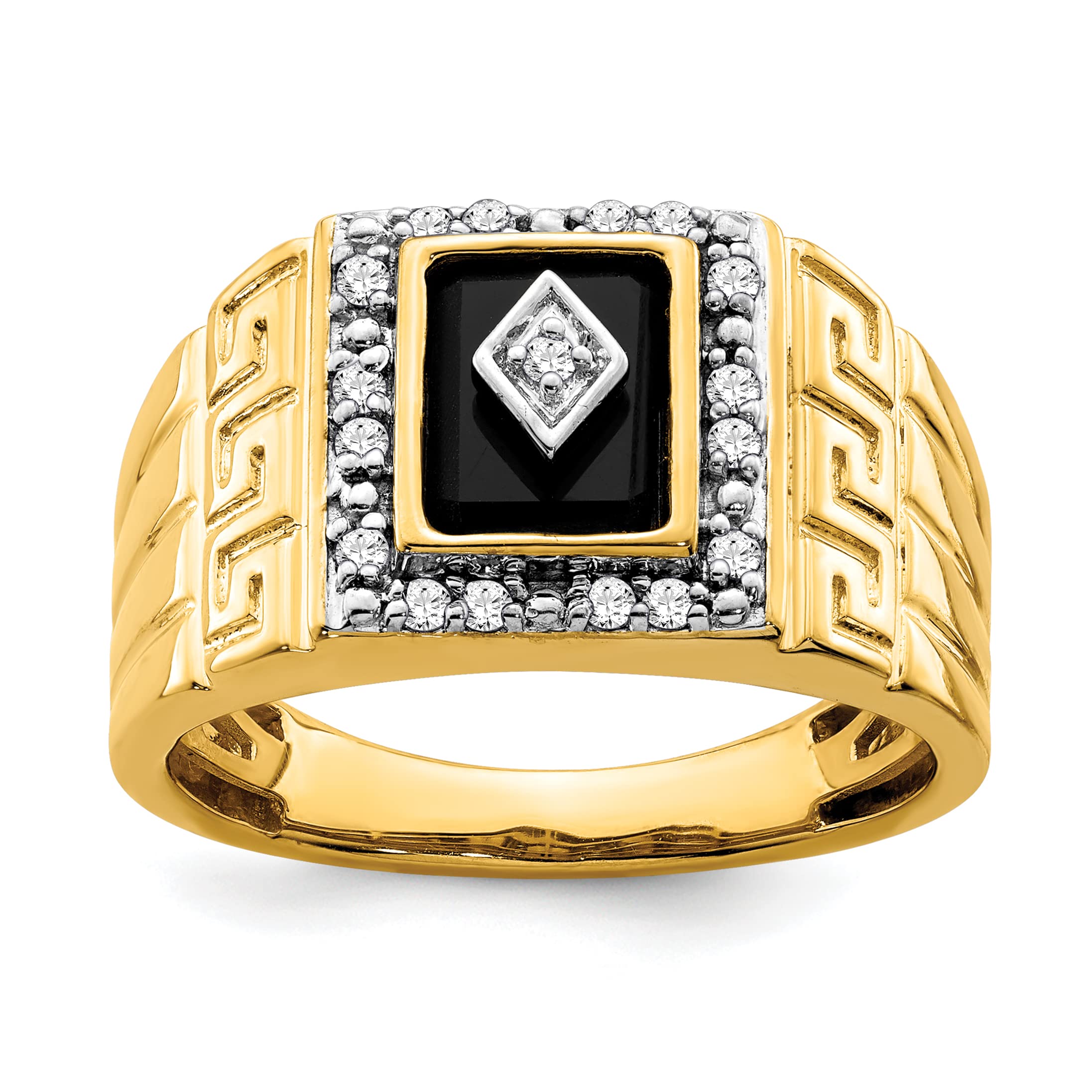 14K Yellow Gold Onyx & Diamond Greek Key Men's Ring - Size 10 | Luxury Statement Jewelry for Weddings, Anniversaries & Gifts
