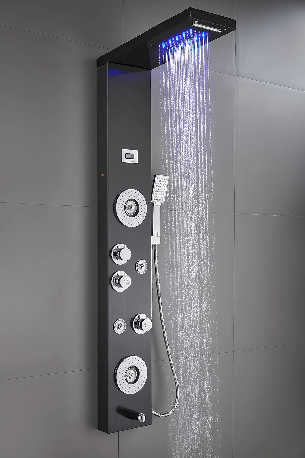 ELLO&ALLO Black Stainless Steel Shower Panel Tower with LED Rainfall Shower Head, 6 Body Jets & Massage System - Perfect for Luxury Bathroom Renovation and Spa-Like Shower Experience