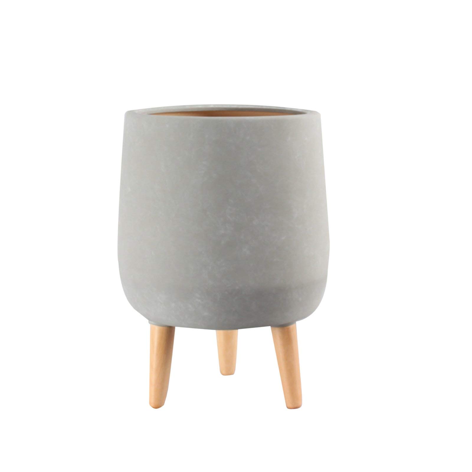 Serene Spaces Living Grey Ceramic Plant Pot Holder with Wooden Legs - 15.75