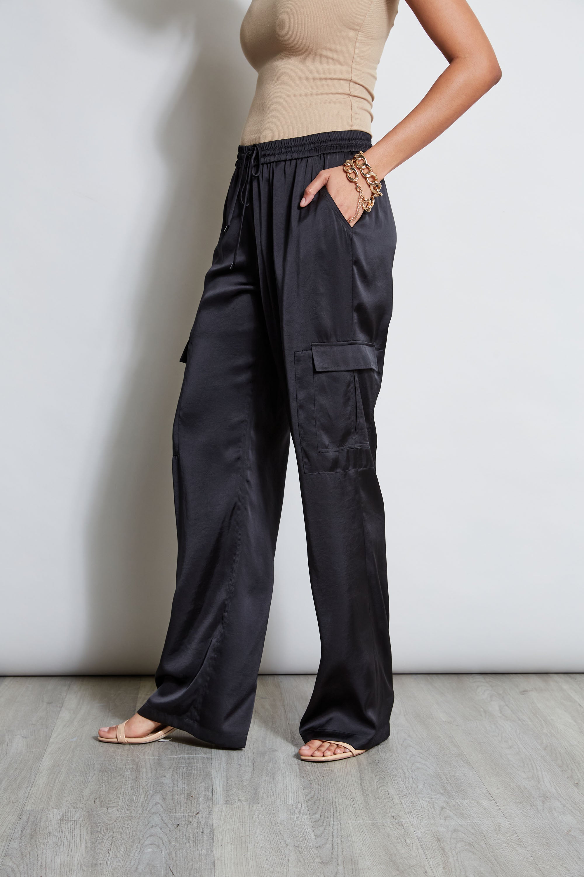 Comfortable Women's Satin Cargo Pants - High Waisted Loose Fit Casual Trousers for Lounge, Travel & Everyday Wear
