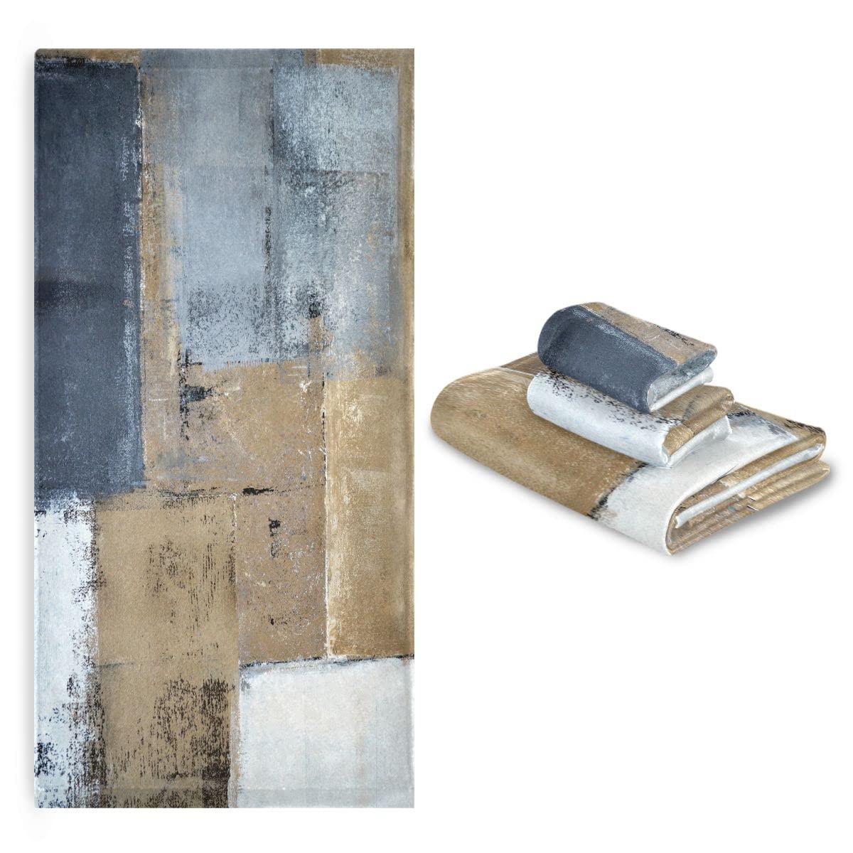 Premium 3-Piece Bath Towel Set - Soft Absorbent Blue, Brown & Grey Abstract Art Design (1 Bath Towel, 1 Hand Towel, 1 Washcloth) - Luxury Bathroom & Shower Towels for Spa, Hotel & Home Decor