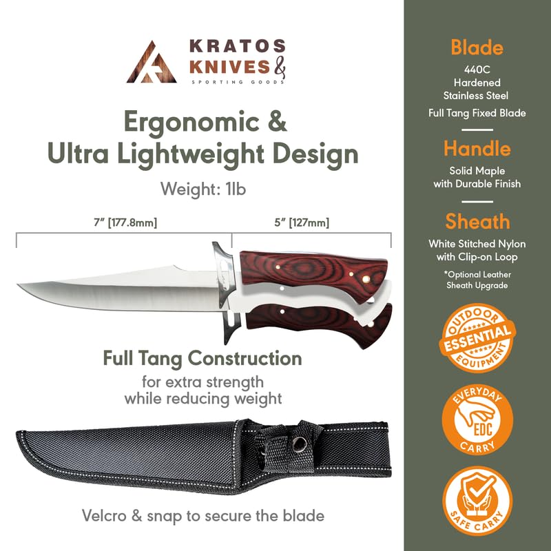 12 Inch Fixed Blade Hunting Knife with Sheath - Full Tang Survival Knife High Carbon 440C Stainless Steel - Outdoor Camping, Hunting & Bushcraft Essential Gear by Kratos ZF7