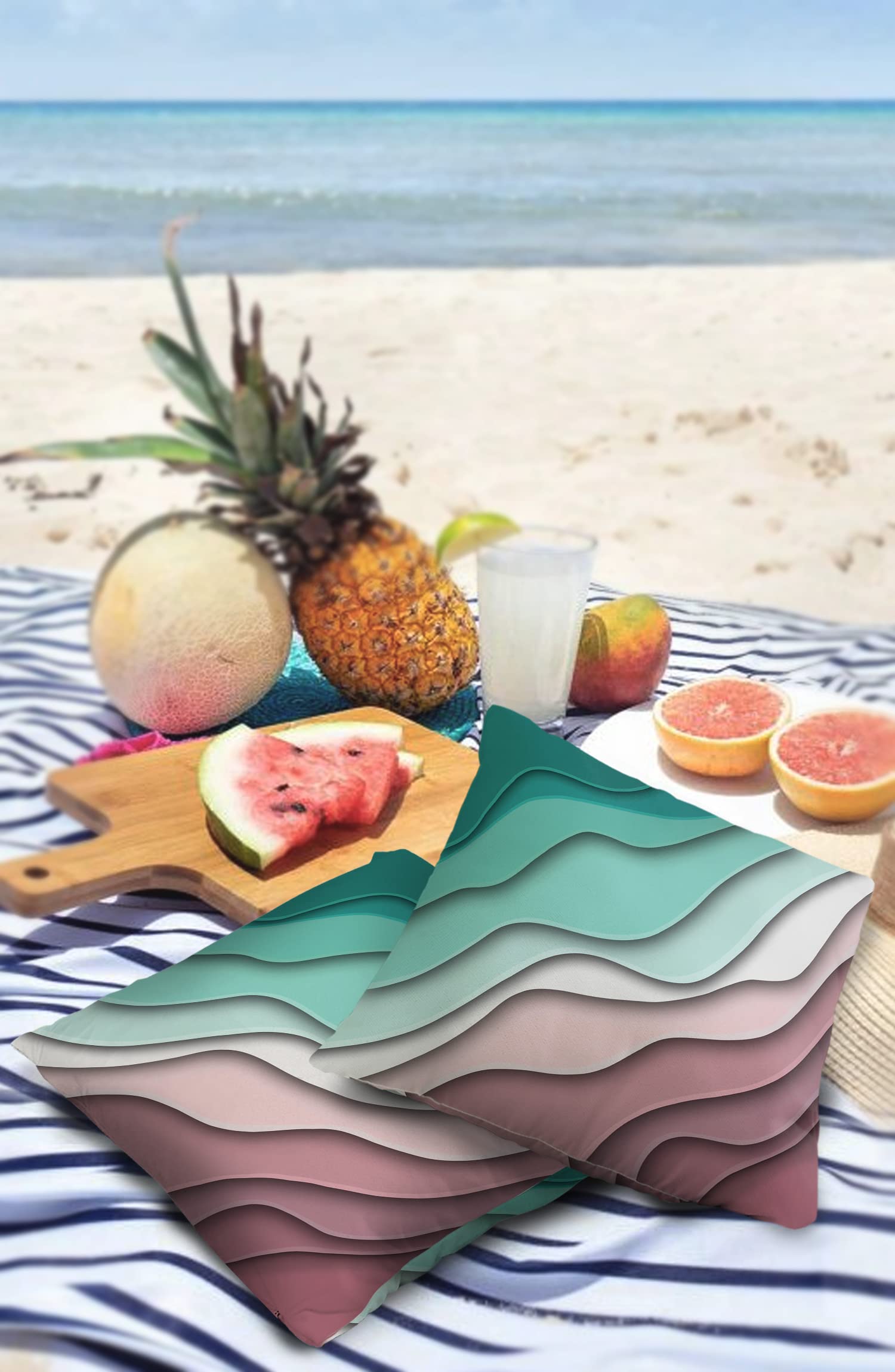 Waterproof Outdoor Throw Pillow Covers - Set of 2 Modern Geometric Lumbar Pillowcases 26x26 Inches, Green Abstract Beach Design for Patio Furniture, Couch & Garden Decor - Perfect for Poolside, Backyard & Coastal Living Spaces