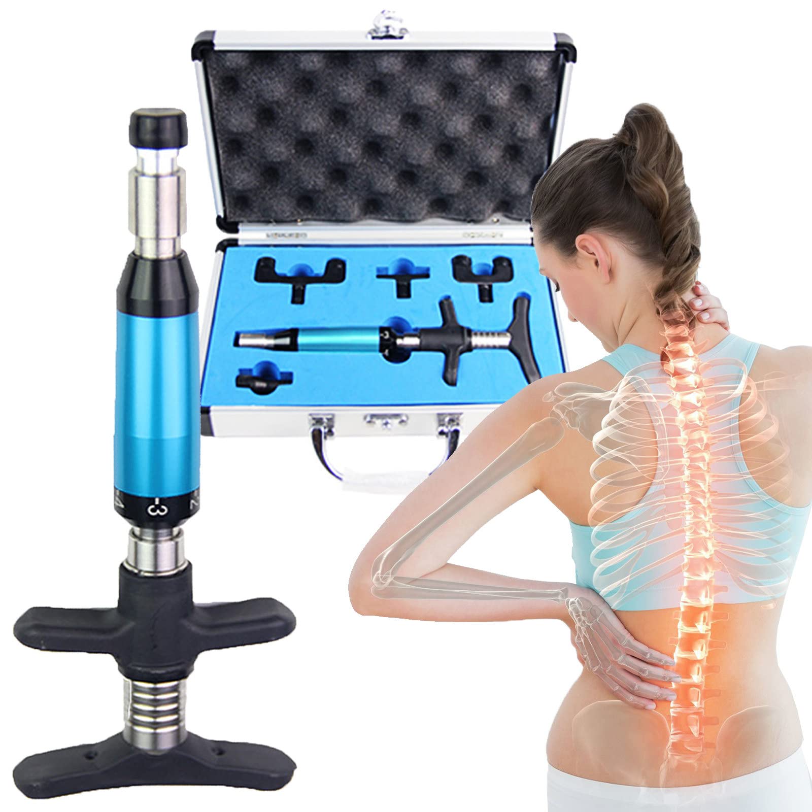 Chiropractic Adjusting Tool - Manual Back Massager with 6-Speed Adjustment & 4 Massage Heads for Spine Alignment & Pain Relief - Perfect for Home Use, Office Relaxation & Physical Therapy (Blue)