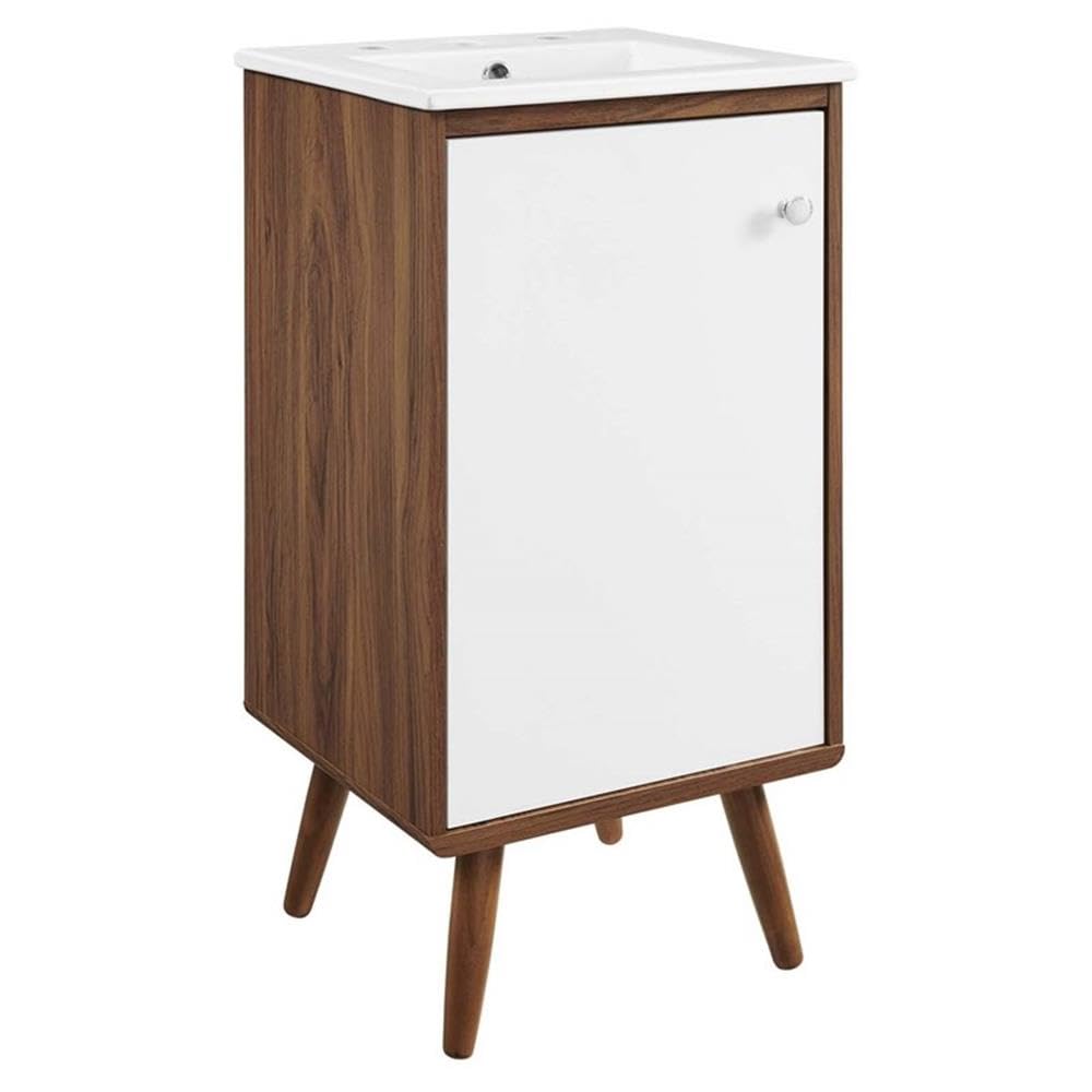 Modway Transmit 18 Inch Walnut White Bathroom Vanity with Sink - Modern Bathroom Furniture for Small Spaces, Apartment & Powder Room Makeover