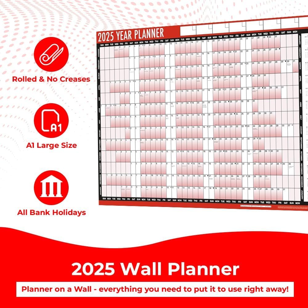 2025 Wall Planner - A1 Size 85cm x 58cm Laminated Annual Calendar with Stickers & Dry Erase Pen | Yearly Organizer Chart for Home Office, Business Planning, School Classroom & Family Scheduling | Perfect for Goal Tracking, Project Management & Wall Decoration