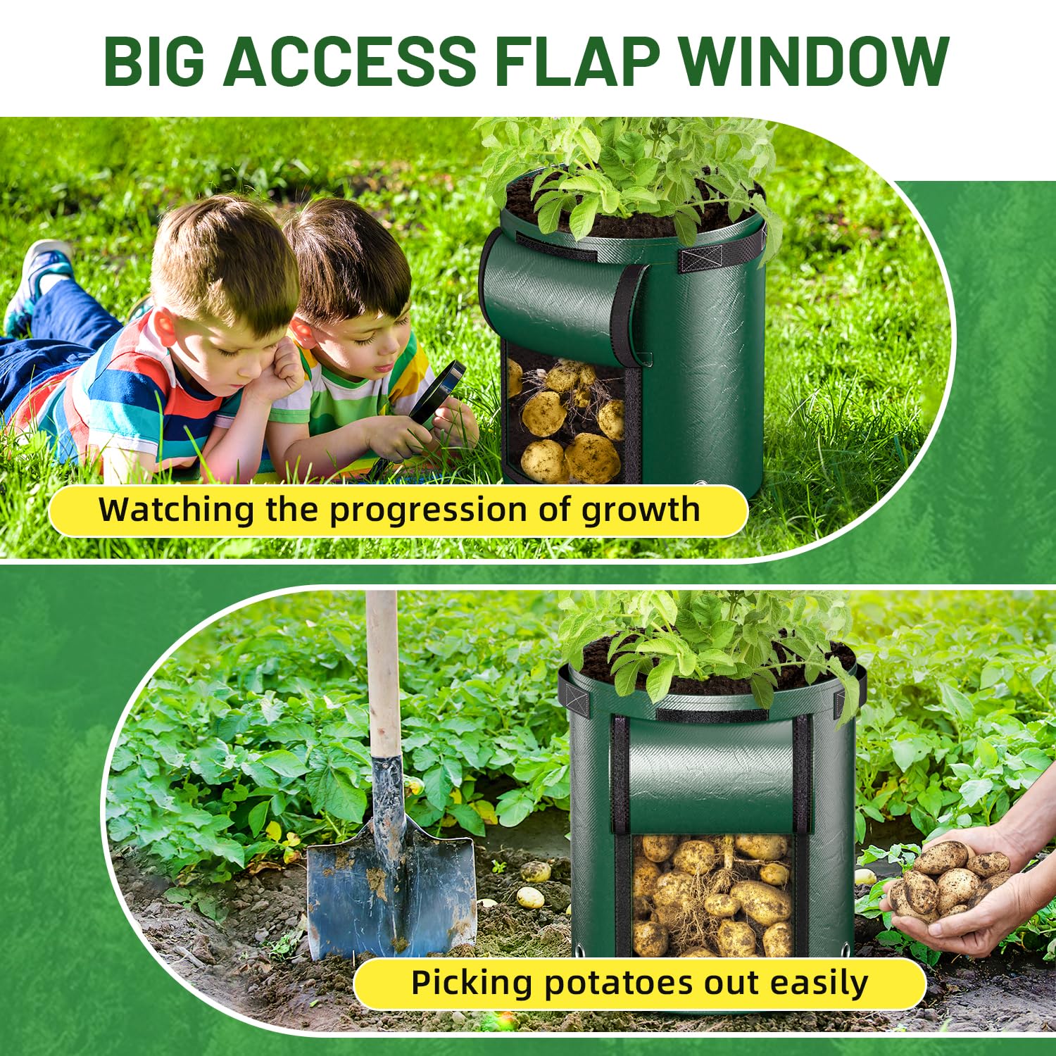 7 Gallon Potato Grow Bags 4 Pack - Heavy Duty Fabric Planting Bags with Viewing Window & Drainage Holes - Perfect for Growing Potatoes, Carrots, Onions, Tomatoes - Ideal for Home Gardening, Urban Farming & Small Space Vegetable Cultivation
