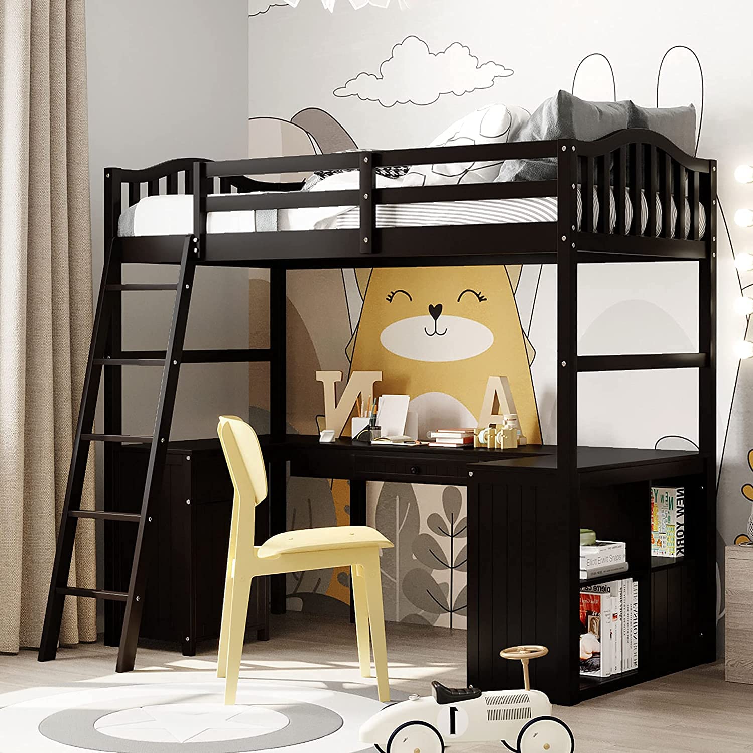 **Space-Saving Loft Bed with Desk & Storage - Twin Size Wooden Loft Bed with Drawers, Cabinet & Shelves - Kids Study & Sleep Solution (Espresso Finish, No Box Spring Needed) - Perfect for Small Bedrooms, Dorms & Apartments**