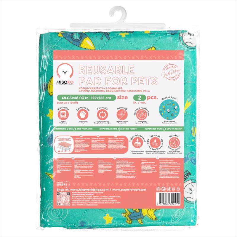 Misoko Reusable Pet Pads with Rockets Design - Mint Green, 2-Pack - Absorbent & Washable for Dogs, Cats, Puppies, and Kittens - Perfect for Training, Crate Lining, and Travel Use