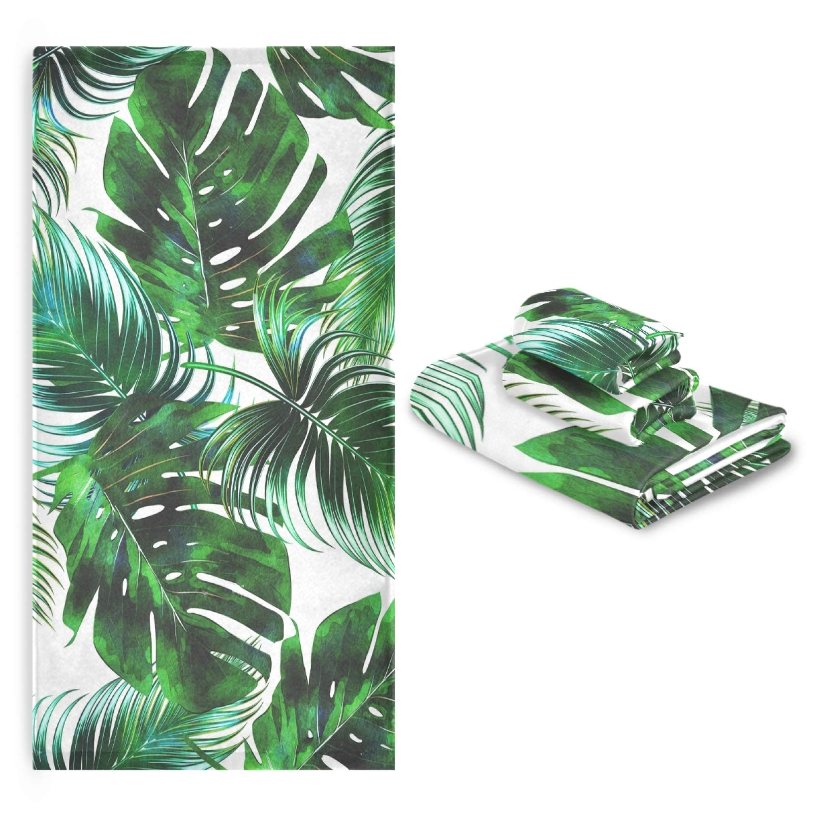 Vdsrup 3-Piece Tropical Palm Leaf Bath Towel Set - Soft Thin Face, Hand & Dish Towels for Kitchen, Bathroom & Guest Use - Summer Beach, Jungle Theme Decor & Housewarming Gifts